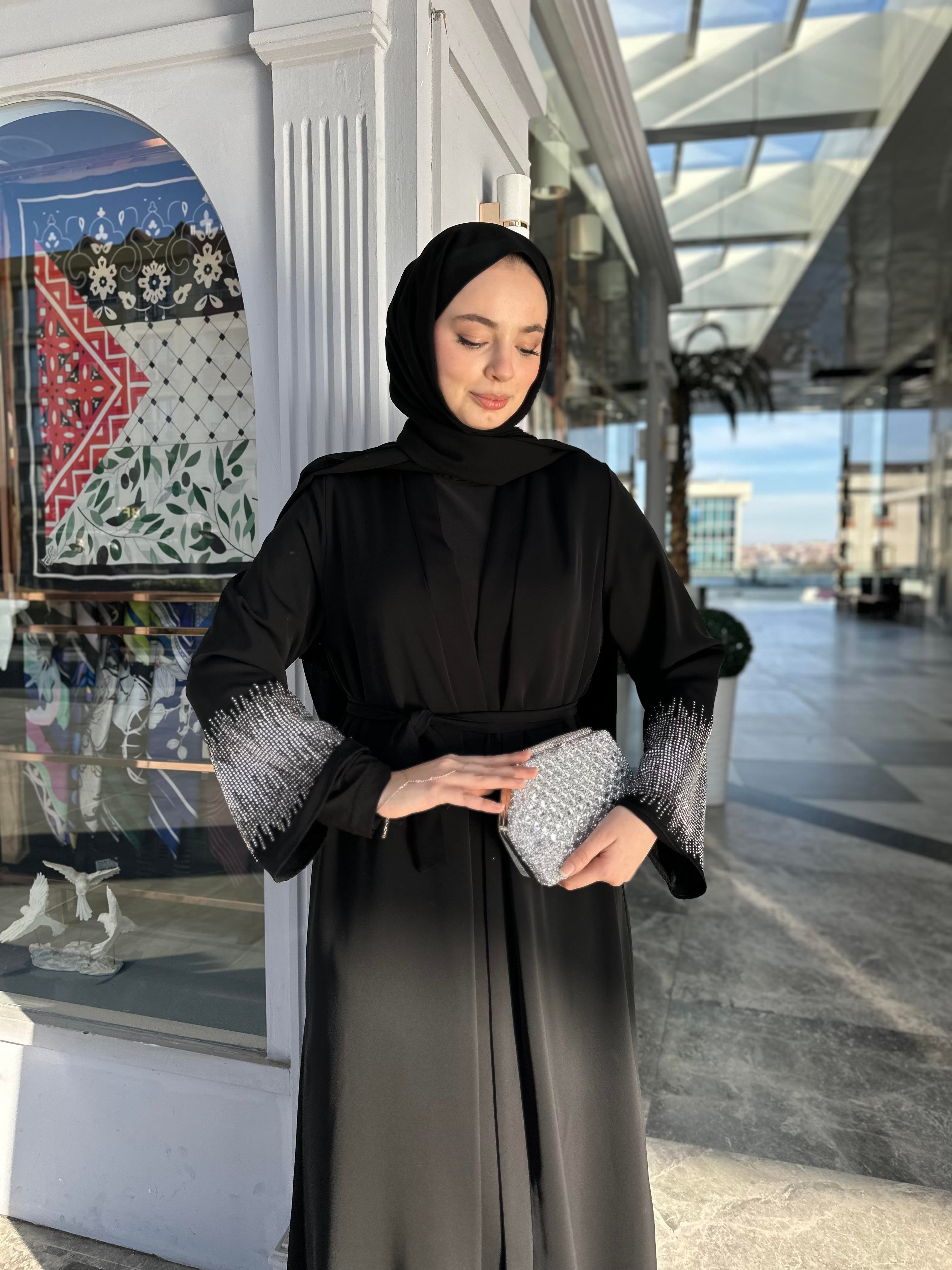 Kolu taşlı abaya takım