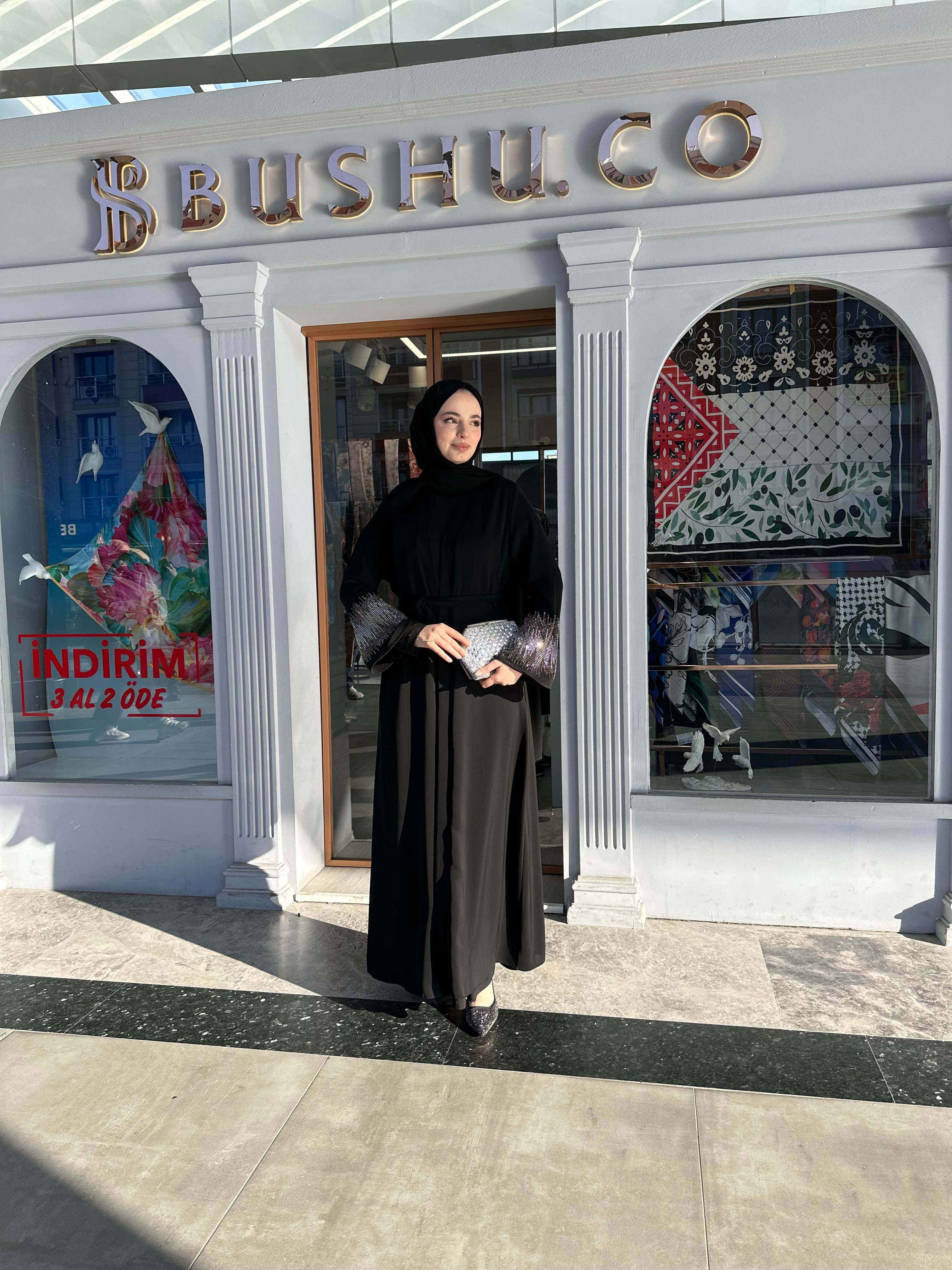 Kolu taşlı abaya takım
