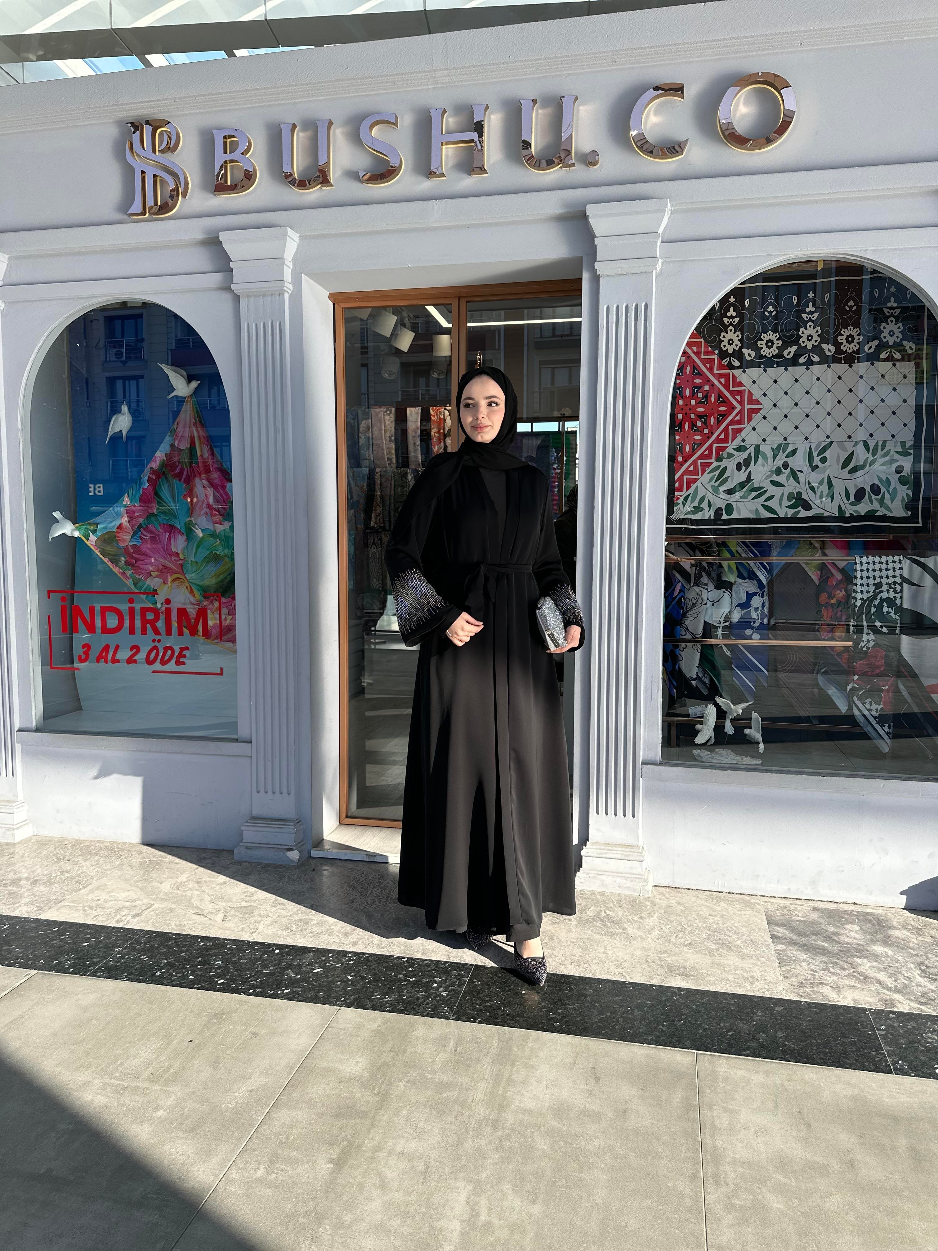 Kolu taşlı abaya takım