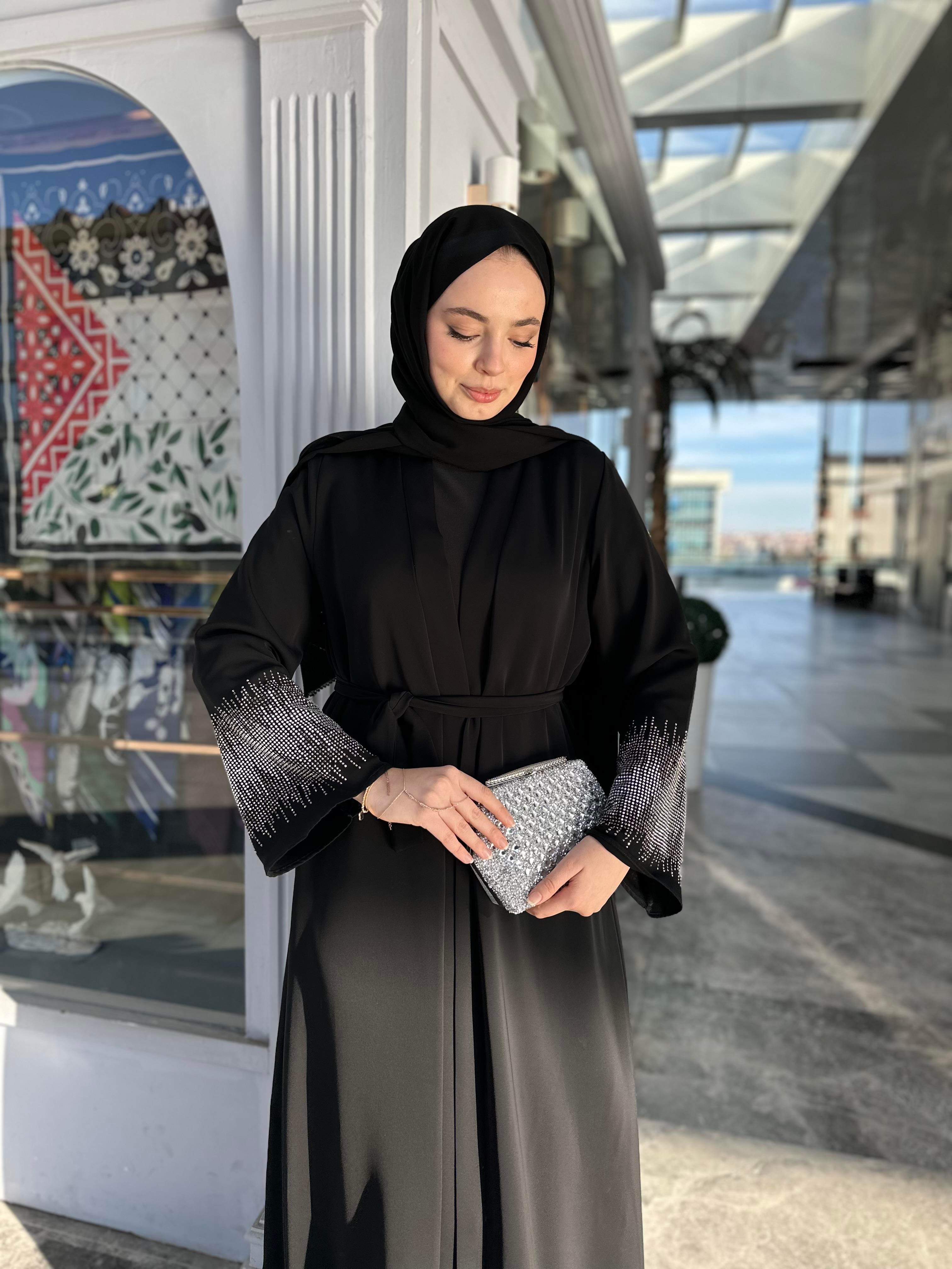 Kolu taşlı abaya takım