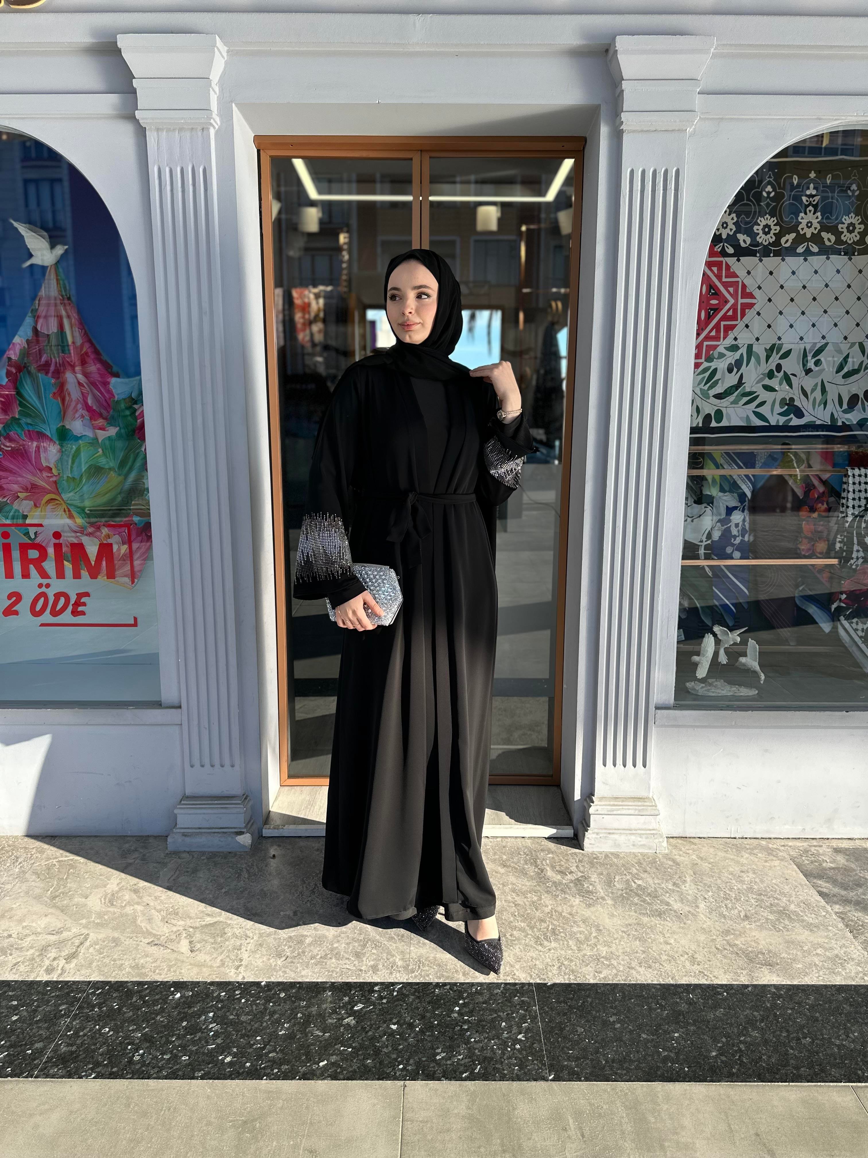 Kolu taşlı abaya takım