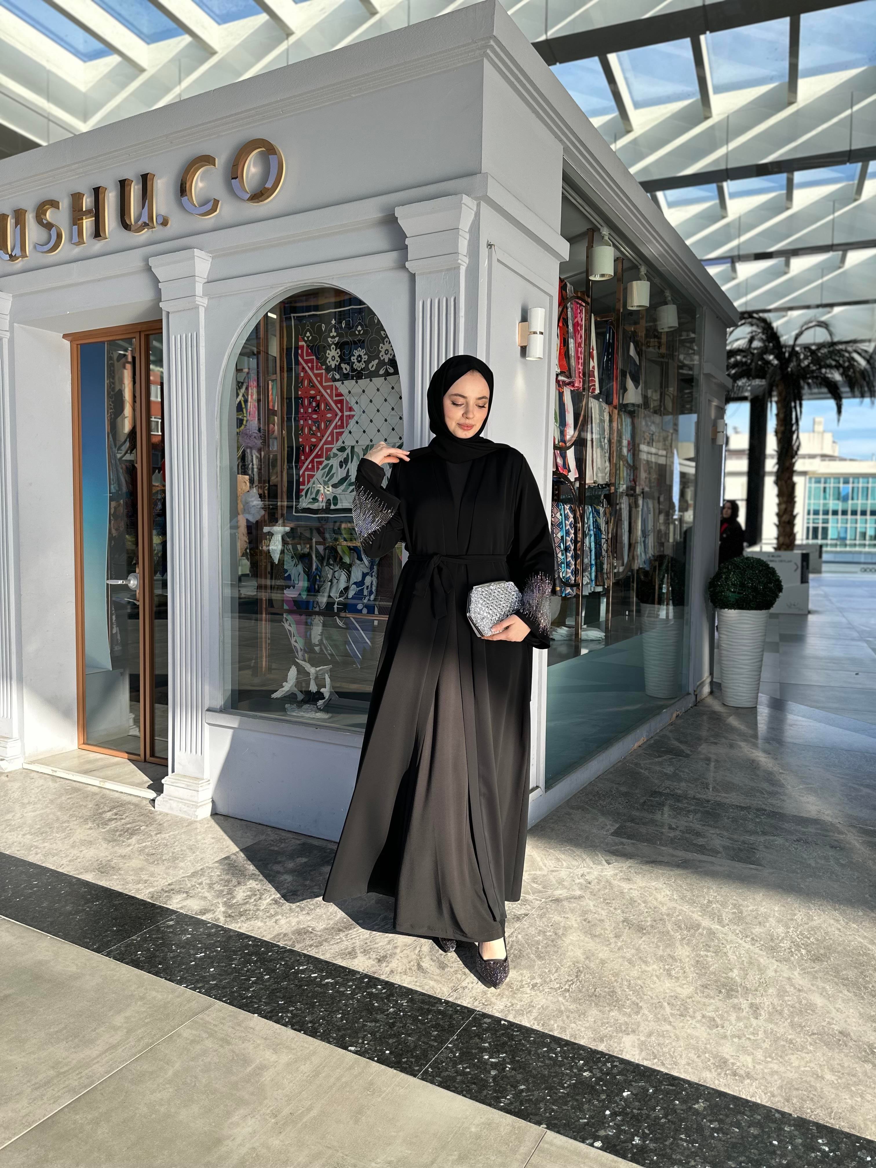 Kolu taşlı abaya takım