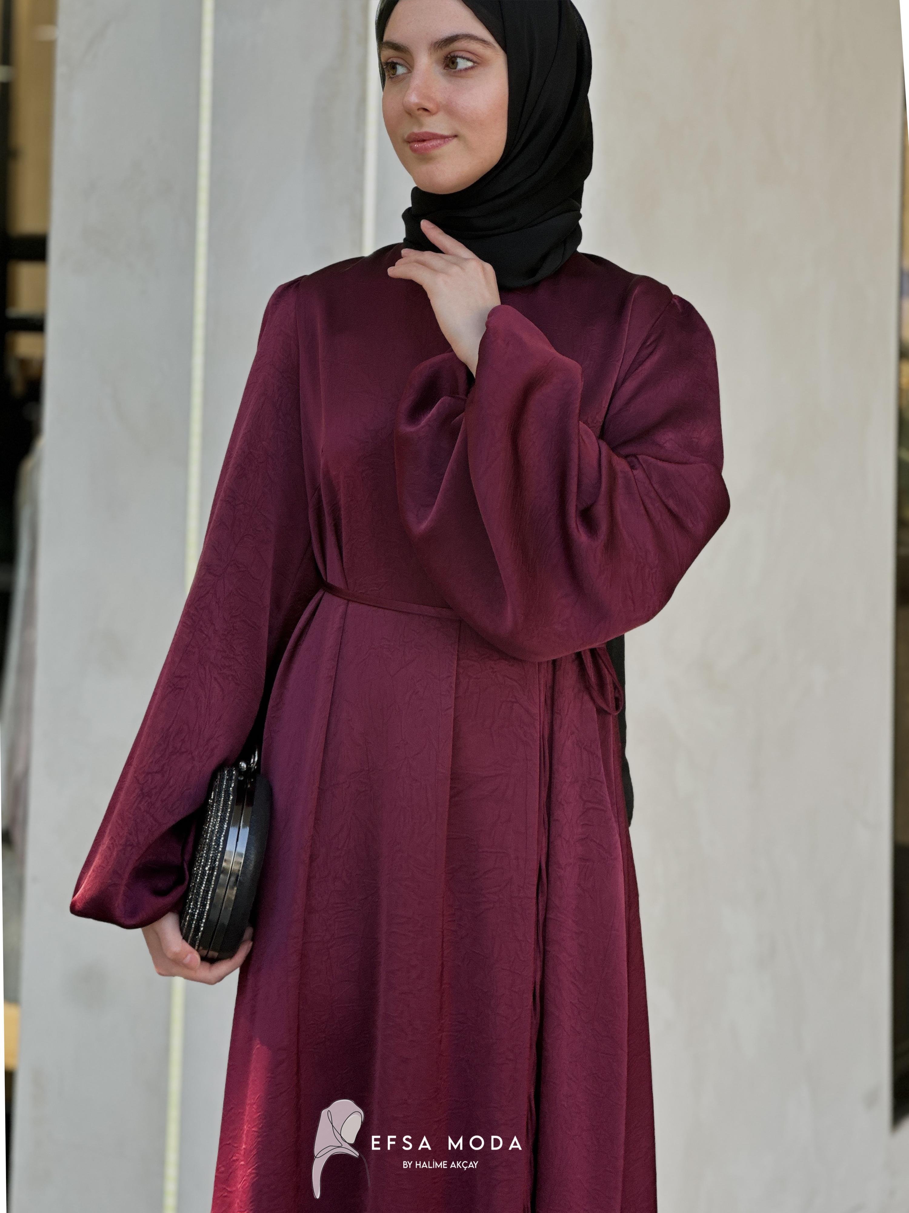 KREP SATEN ELBİSE BORDO