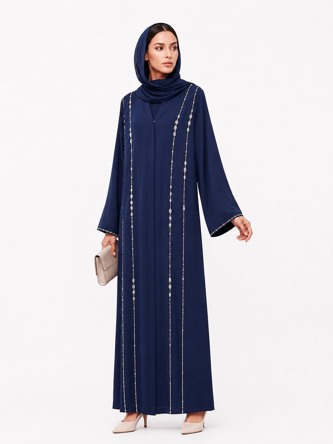 Lacivert Dubai İpeği Taş İşlemeli Abaya