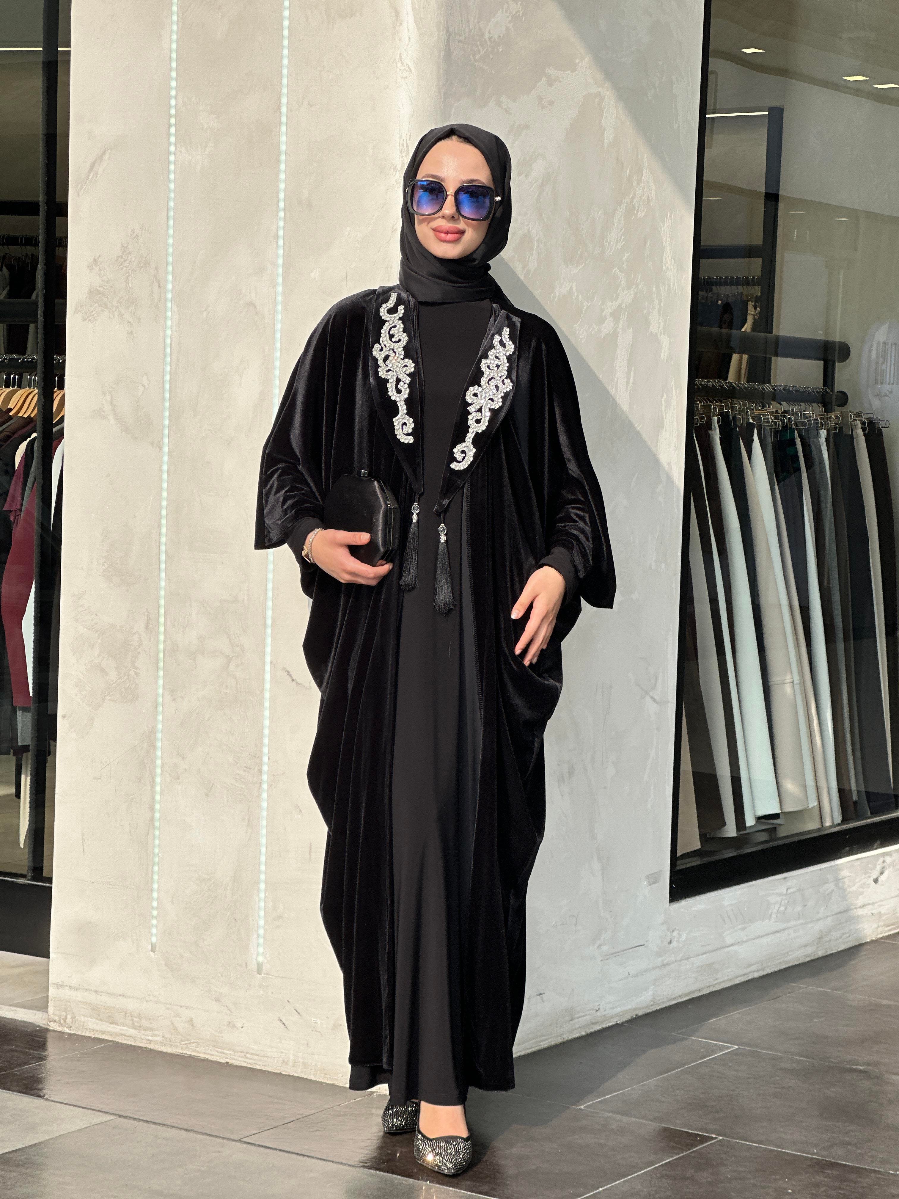 LORA SİYAH KADİFE ABAYA