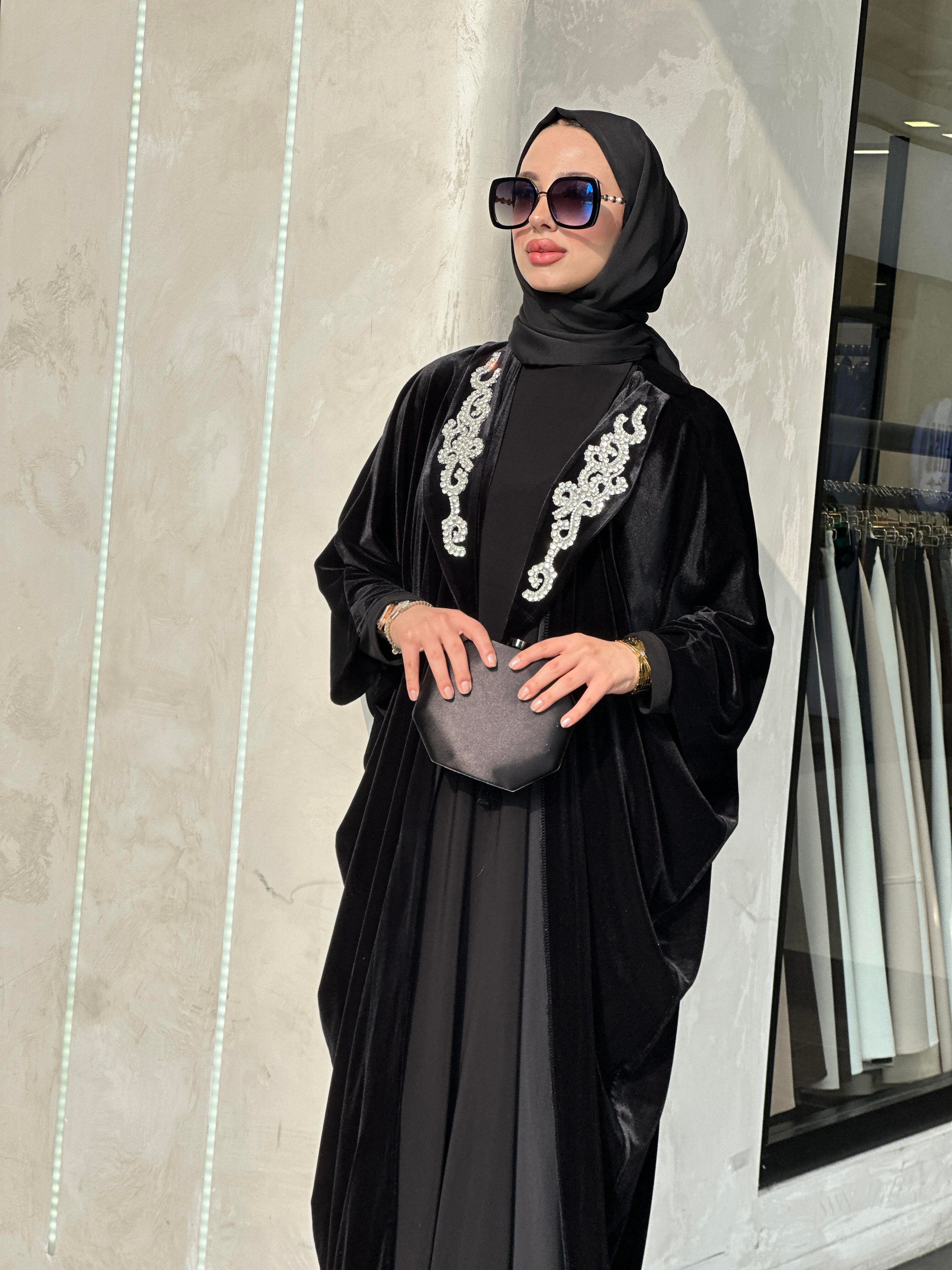 LORA SİYAH KADİFE ABAYA