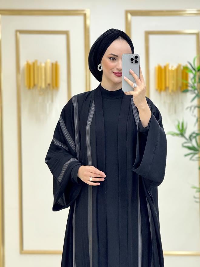 Narin Kendinden Çizgili Abaya Siyah