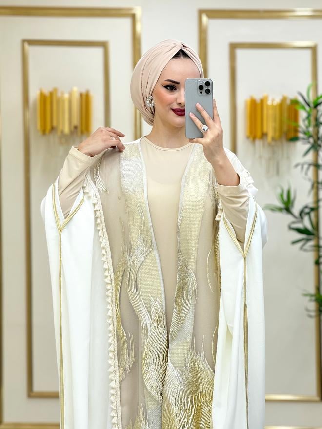 Naz İthal Abaya Takım Ekru