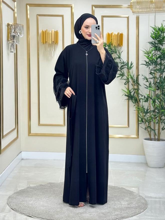 Rayne Kolları Tasarım Abaya Siyah