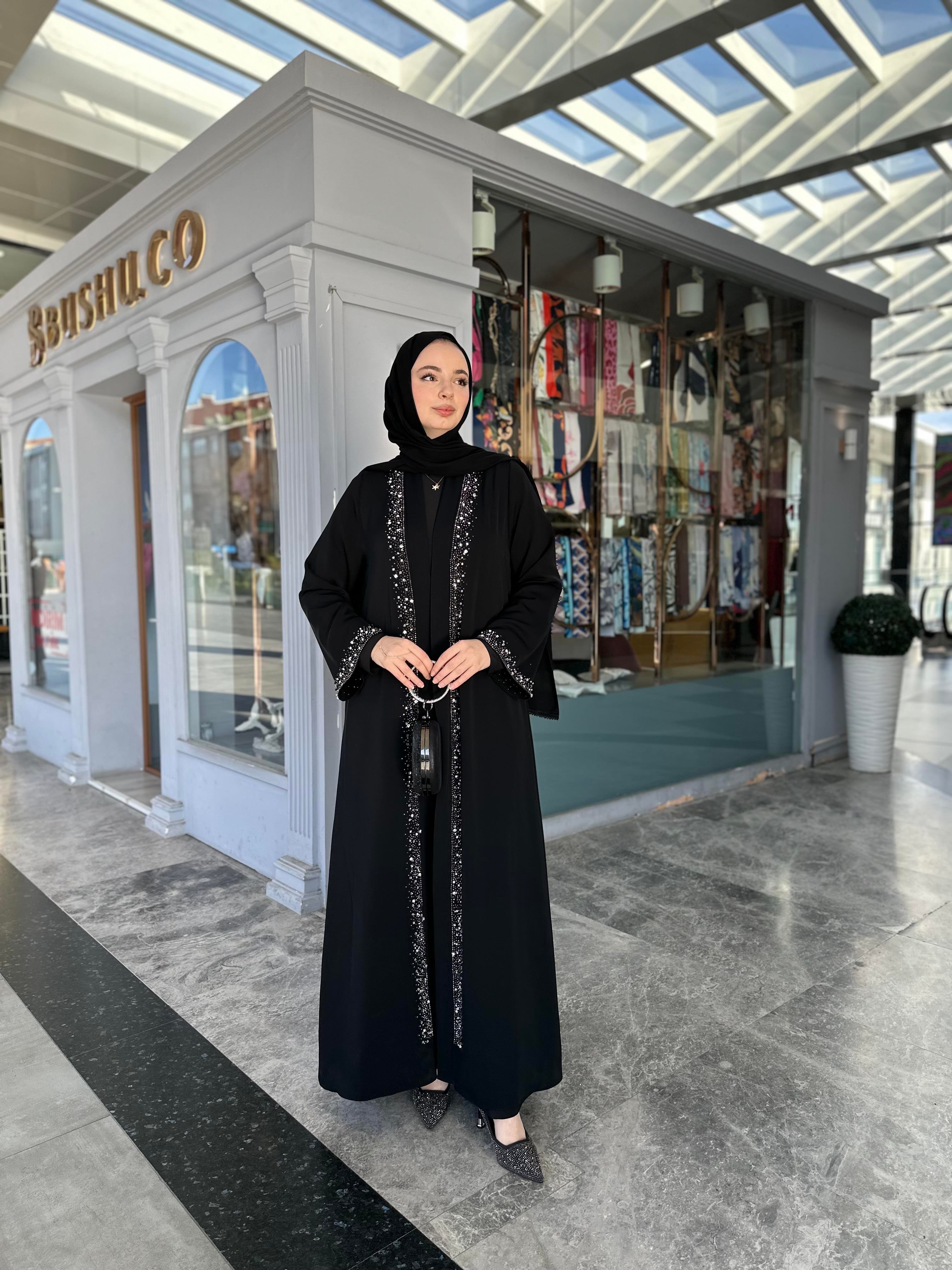 Şerit taşlı abaya takım