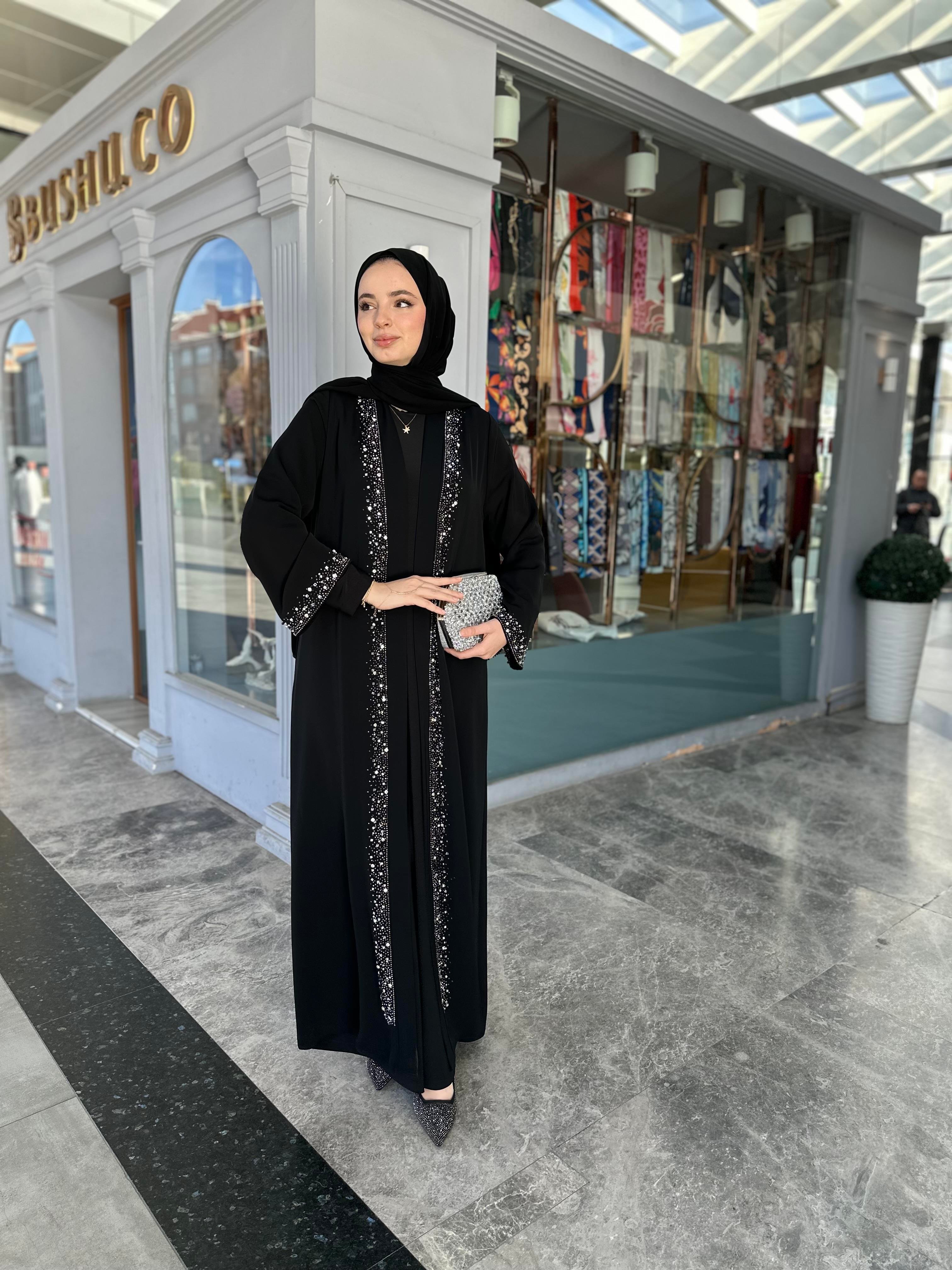 Şerit taşlı abaya takım