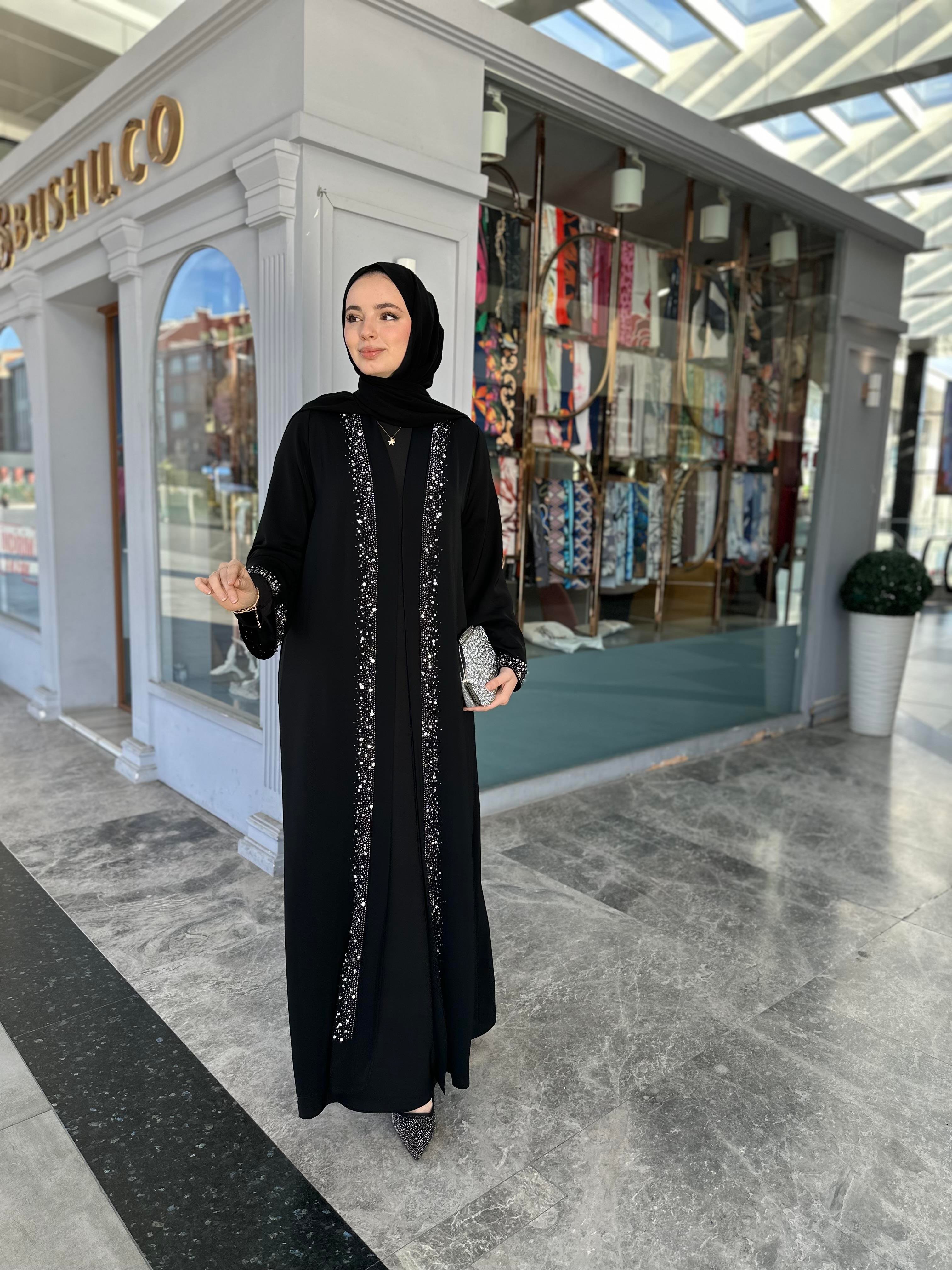 Şerit taşlı abaya takım