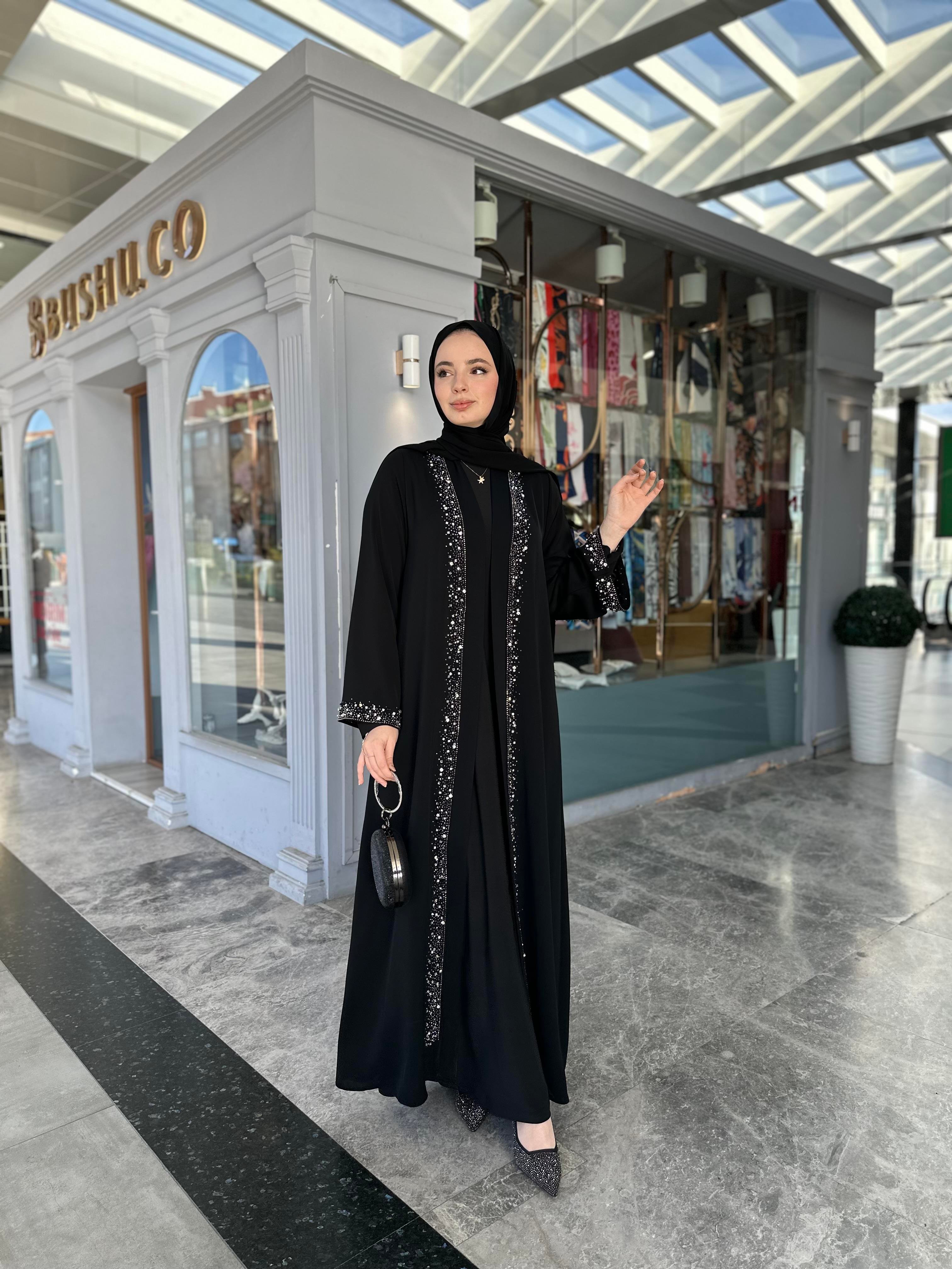 Şerit taşlı abaya takım