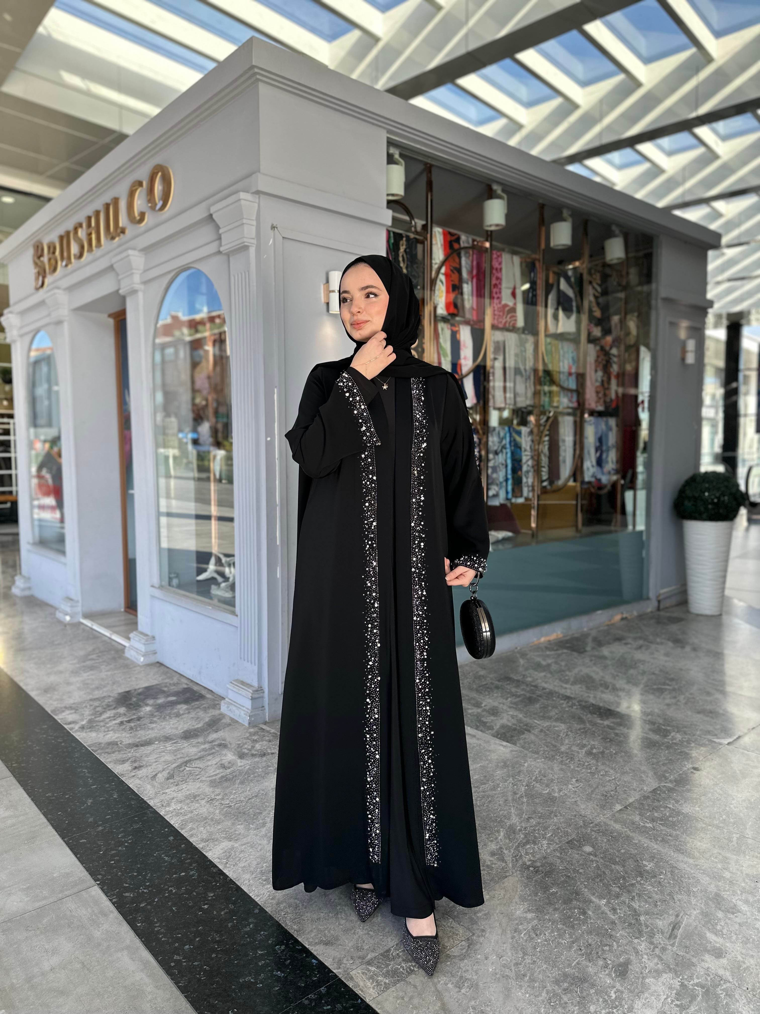 Şerit taşlı abaya takım