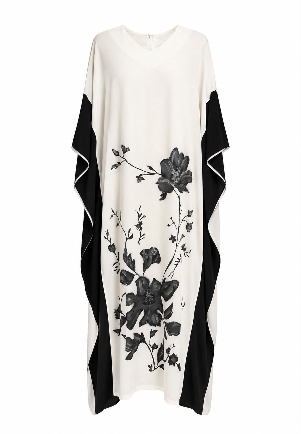 Siyah Beyaz Çiçek Desenli Oversize Abaya