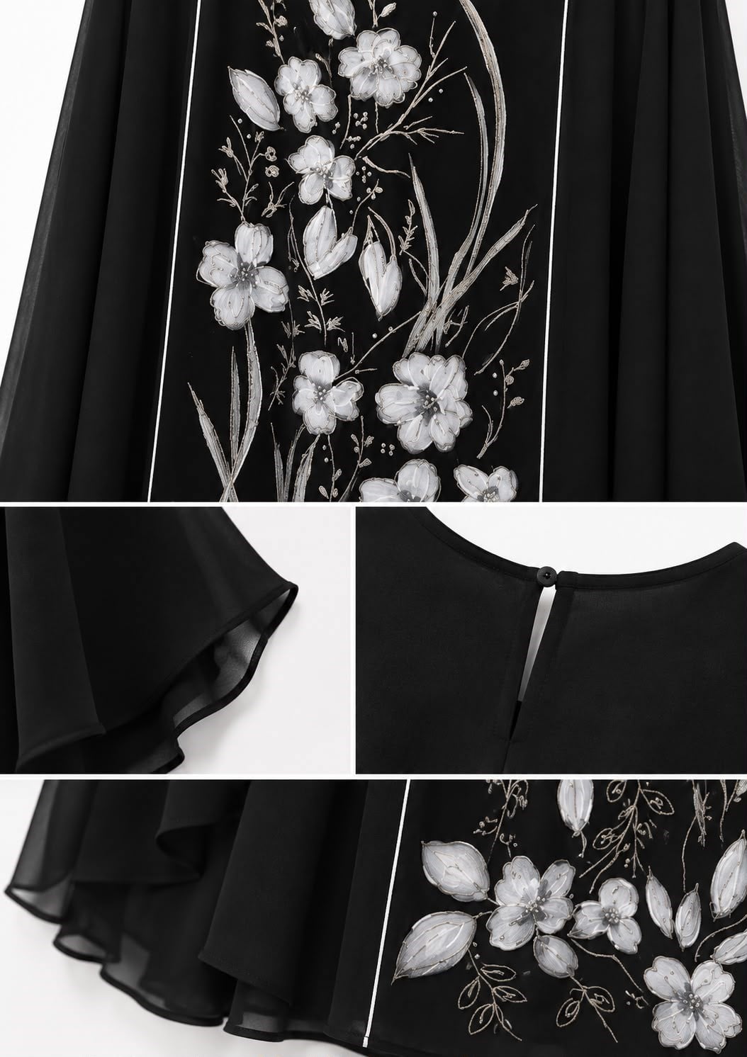 Siyah Çiçek Nakışlı Şifon Abaya
