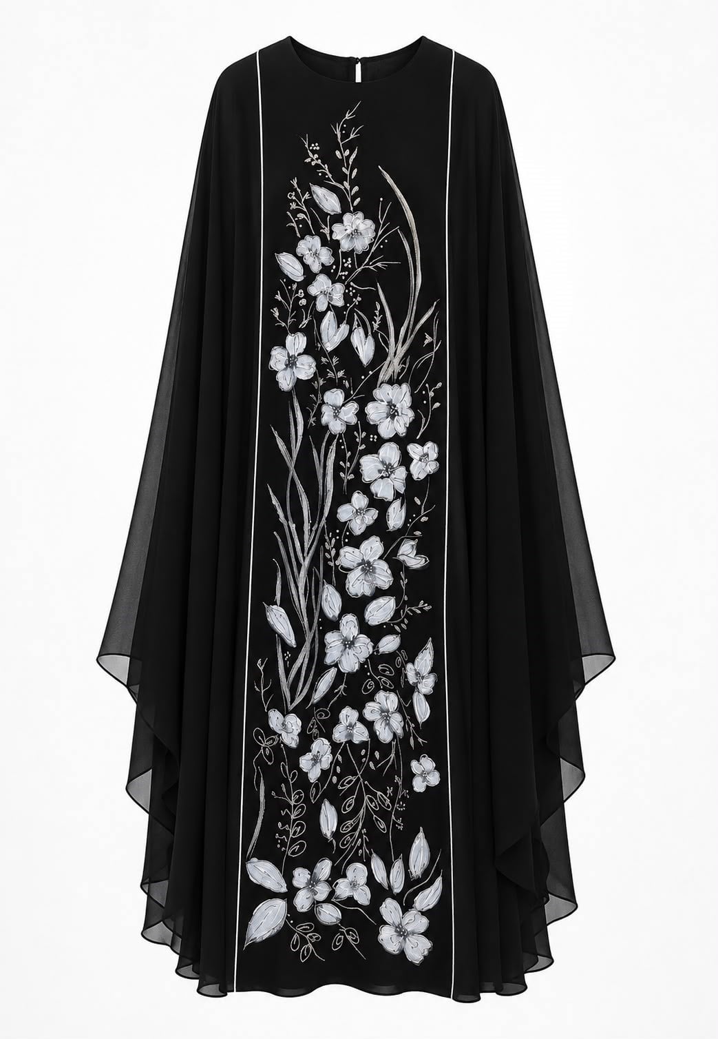 Siyah Çiçek Nakışlı Şifon Abaya