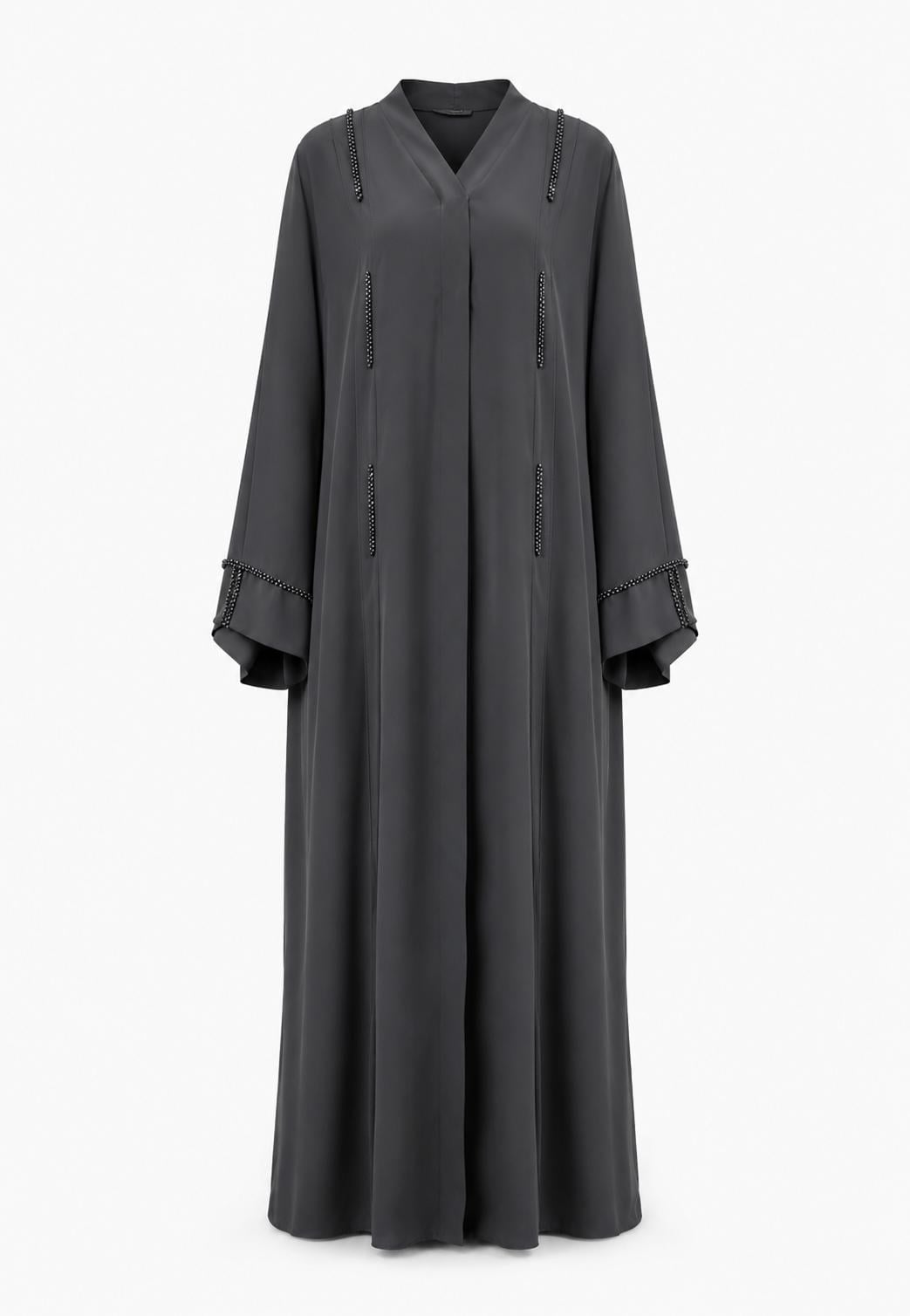 Siyah  Dubai İpeği Minimal Taş Detaylı Abaya