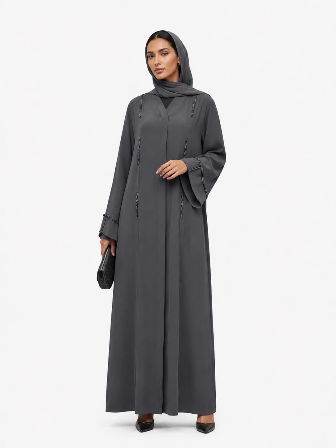 Siyah  Dubai İpeği Minimal Taş Detaylı Abaya