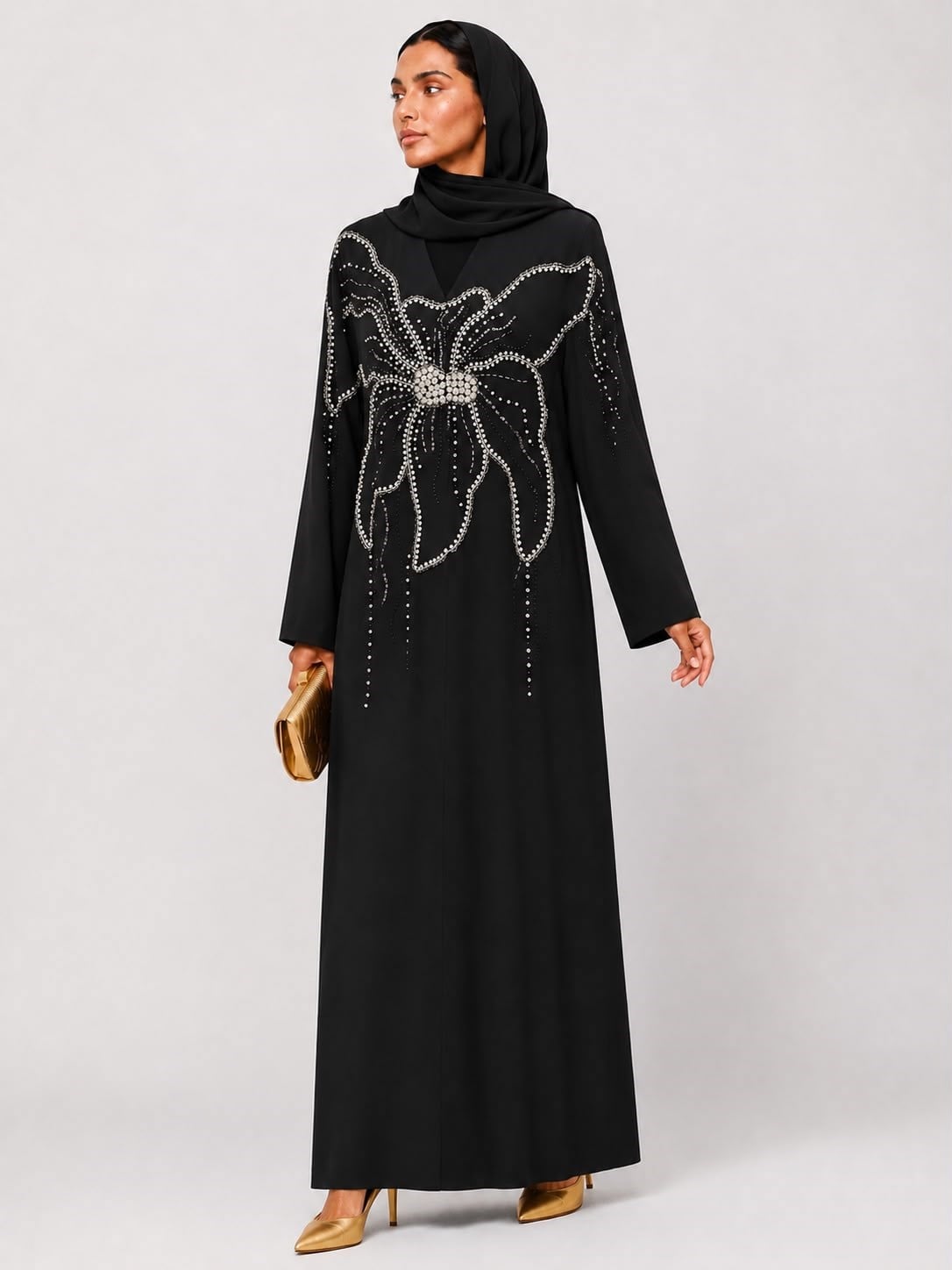 Taş İşlemeli Büyük Çiçek Desenli Siyah Abaya