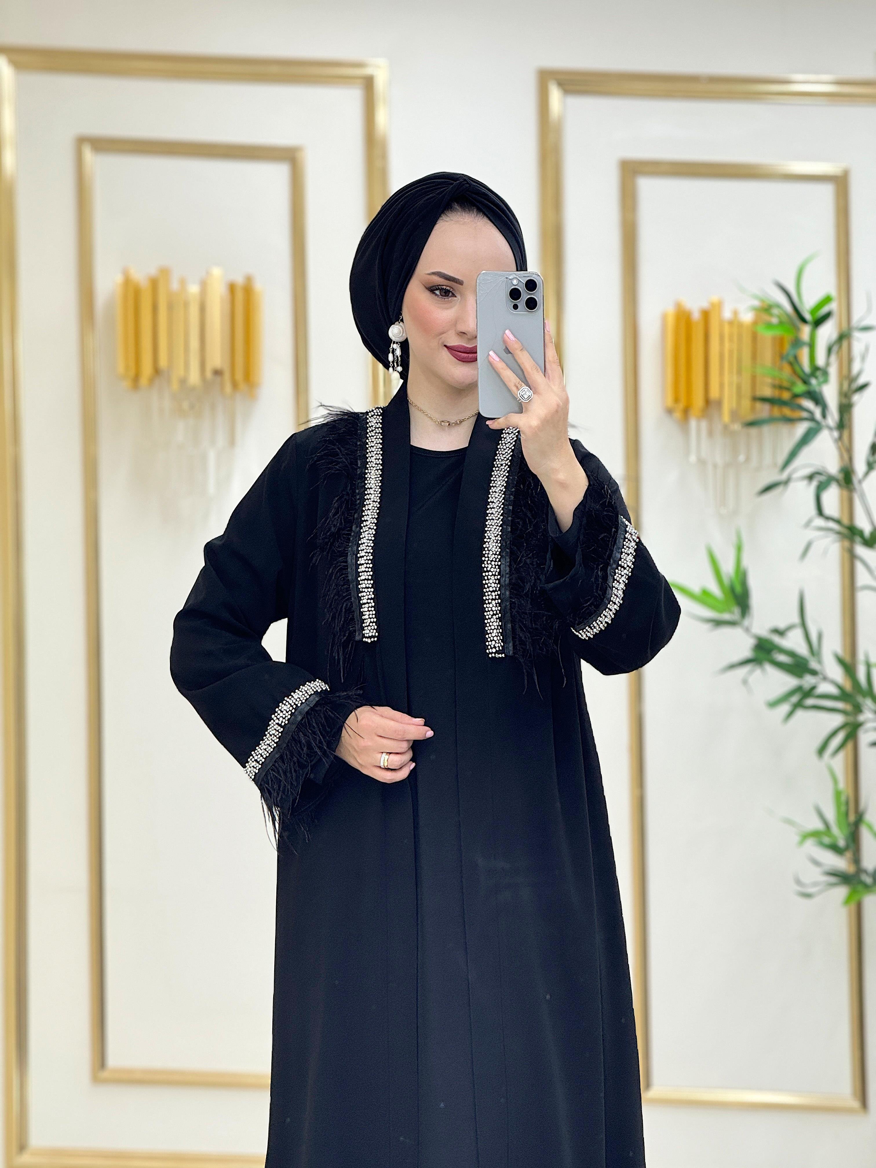 Tüylü Abaya Takım Siyah