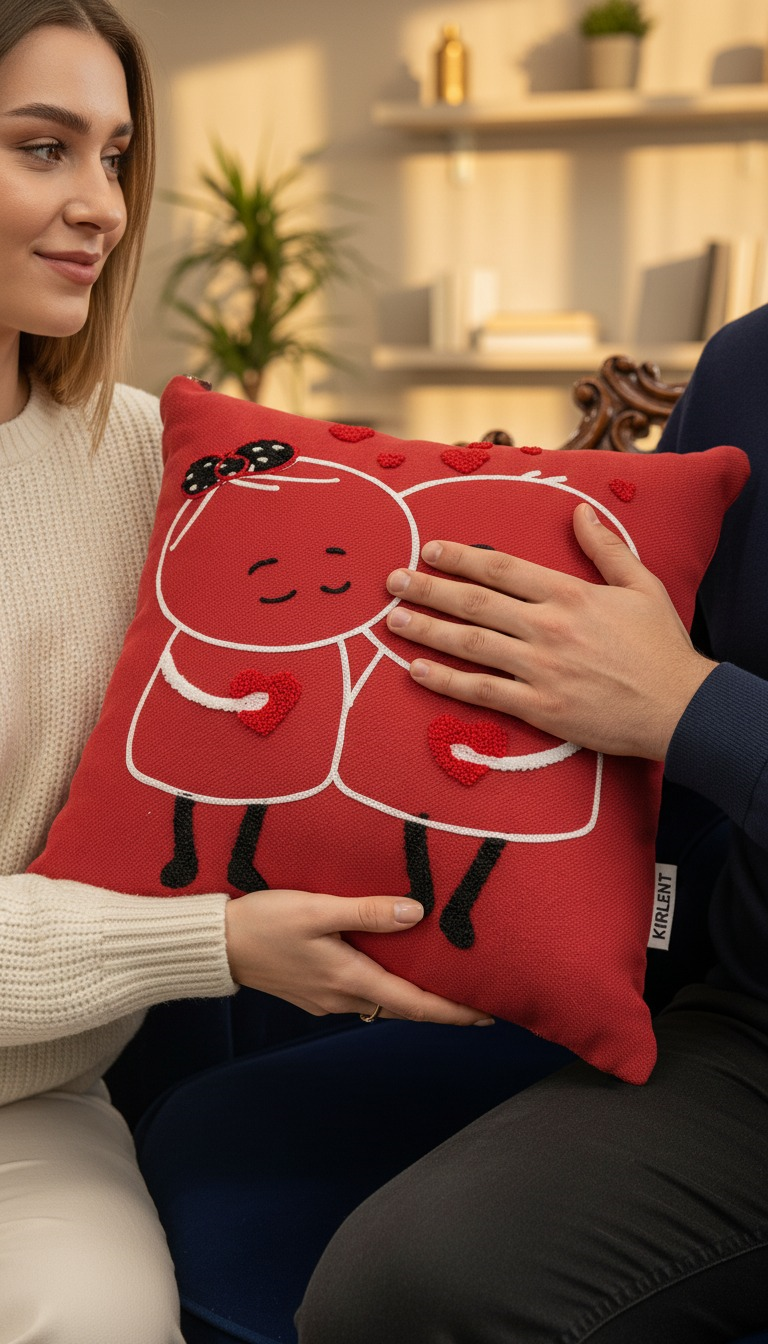 GoveformASK2026 Aşk Temalı Punch İşlemeli 2li Kırlent Kılıfı 43x43 cm | Aşk Temalı Dekoratif Yastık Kılıfı