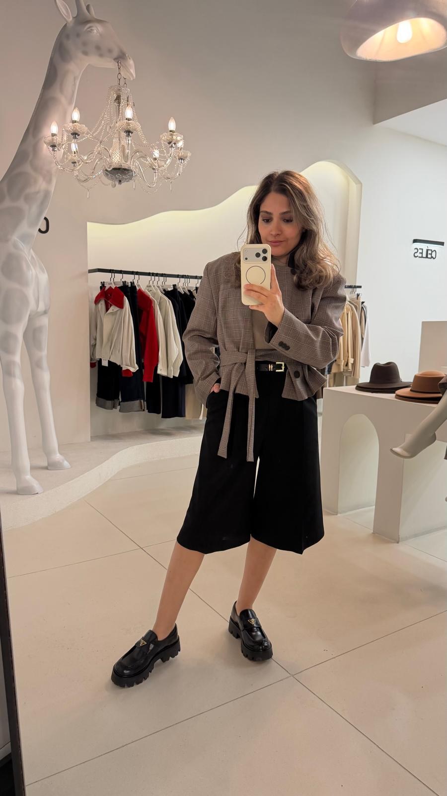 Beli Kuşaklı Ekoseli Ceket