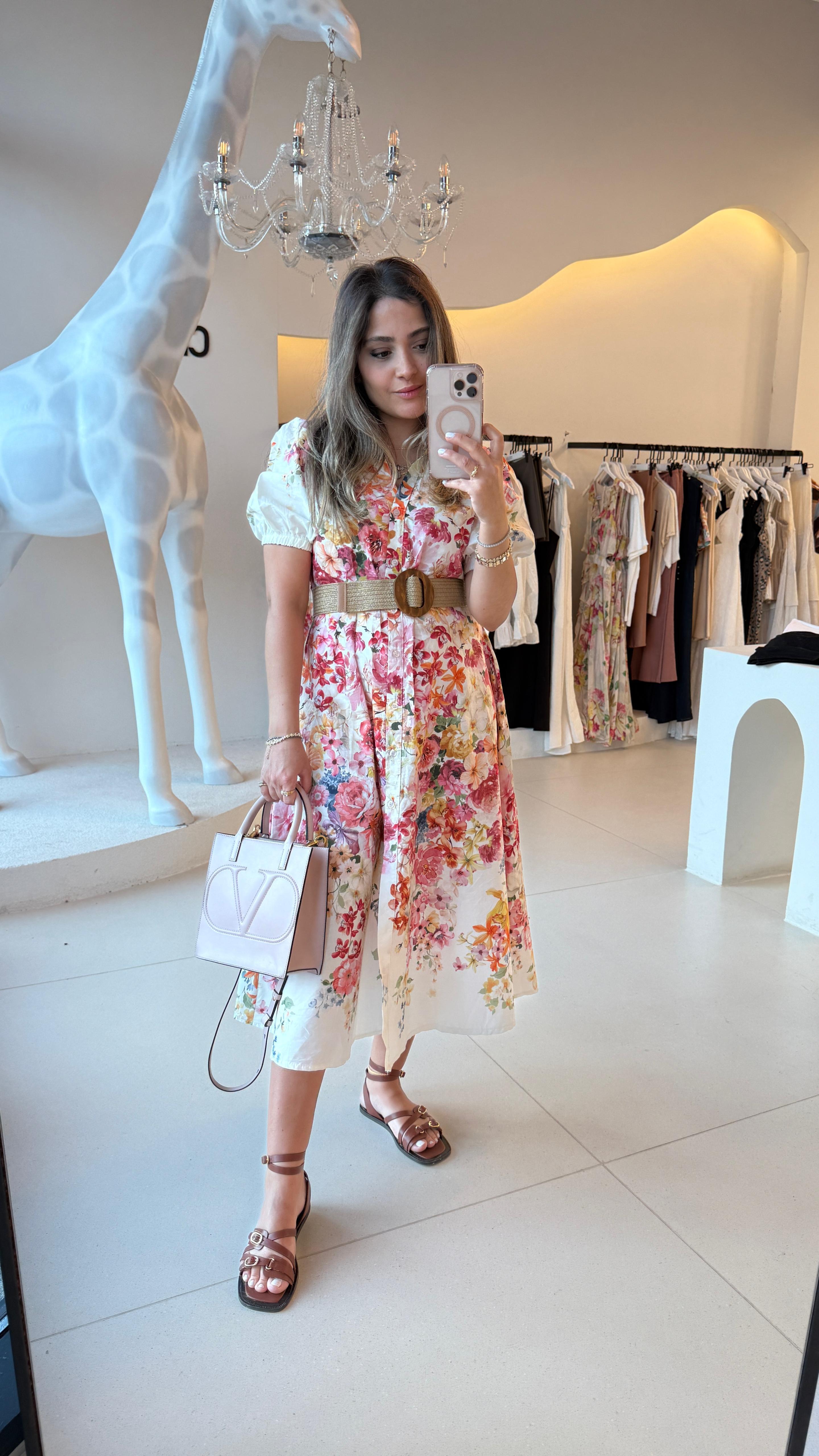 Çiçek Baskılı Kemerli Elbise 