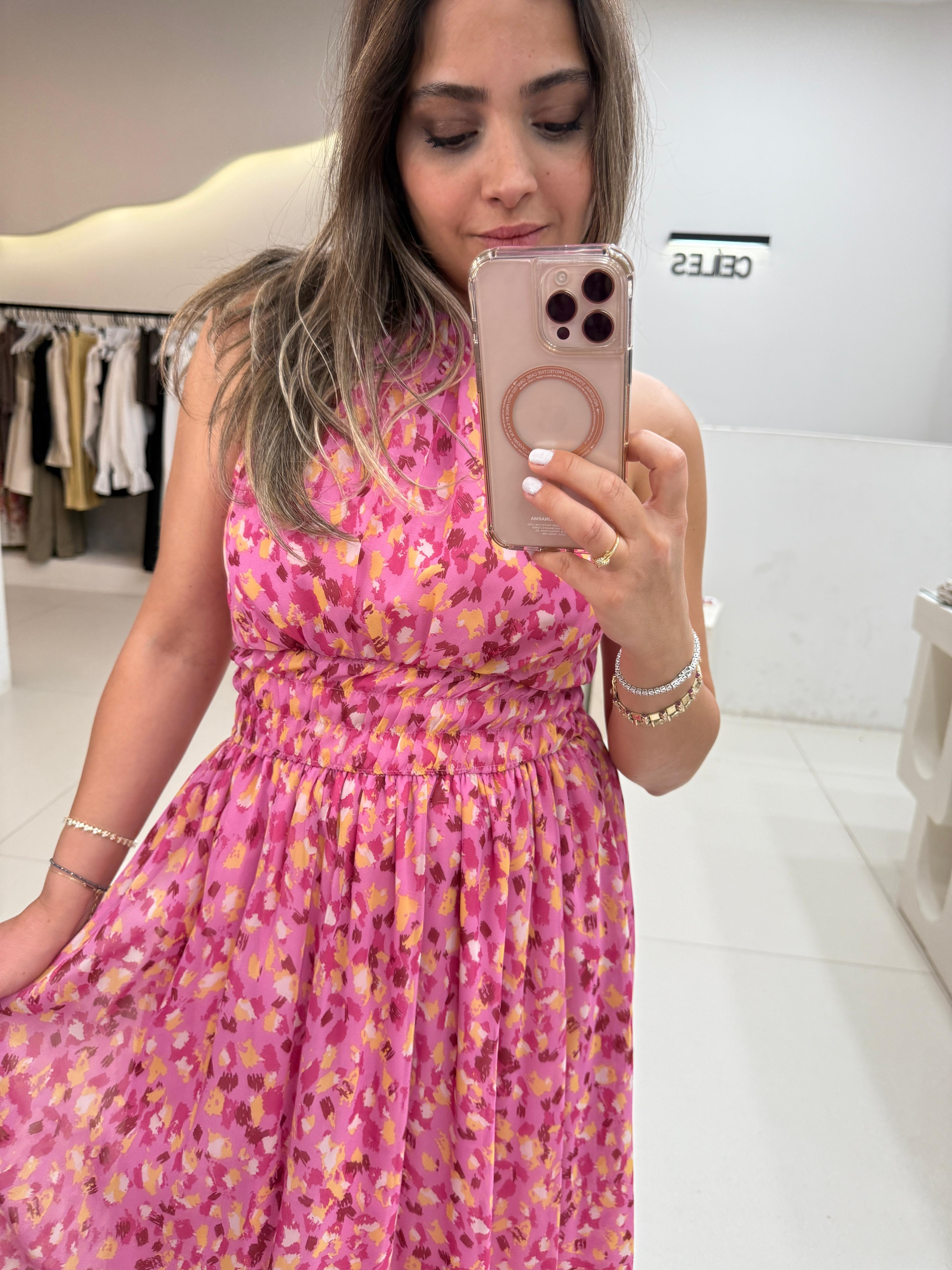 Halter Yaka Midiboy Pembe Şifon Elbise