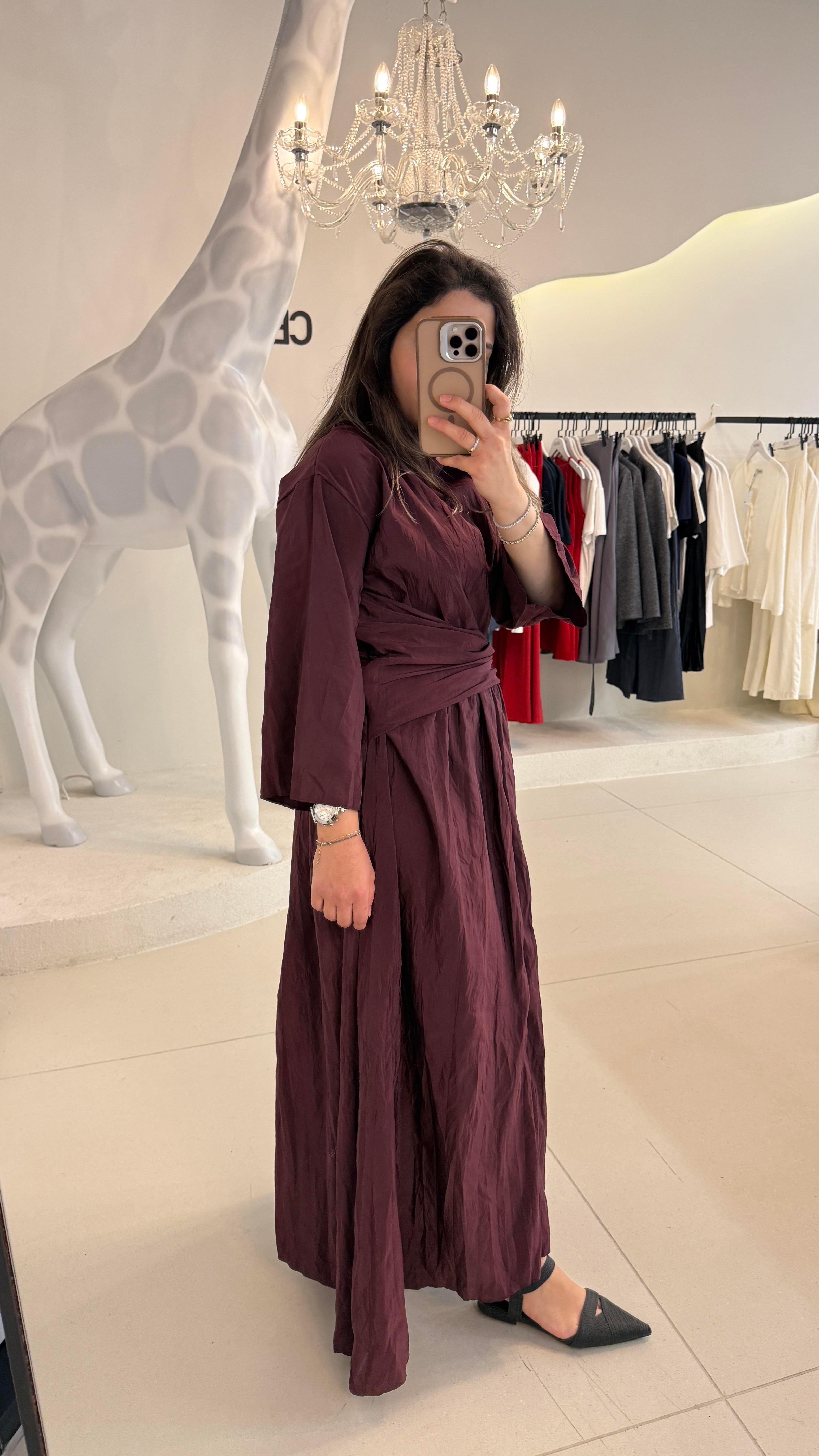 Kraşlı Kumaş Drapeli Bordo Elbise