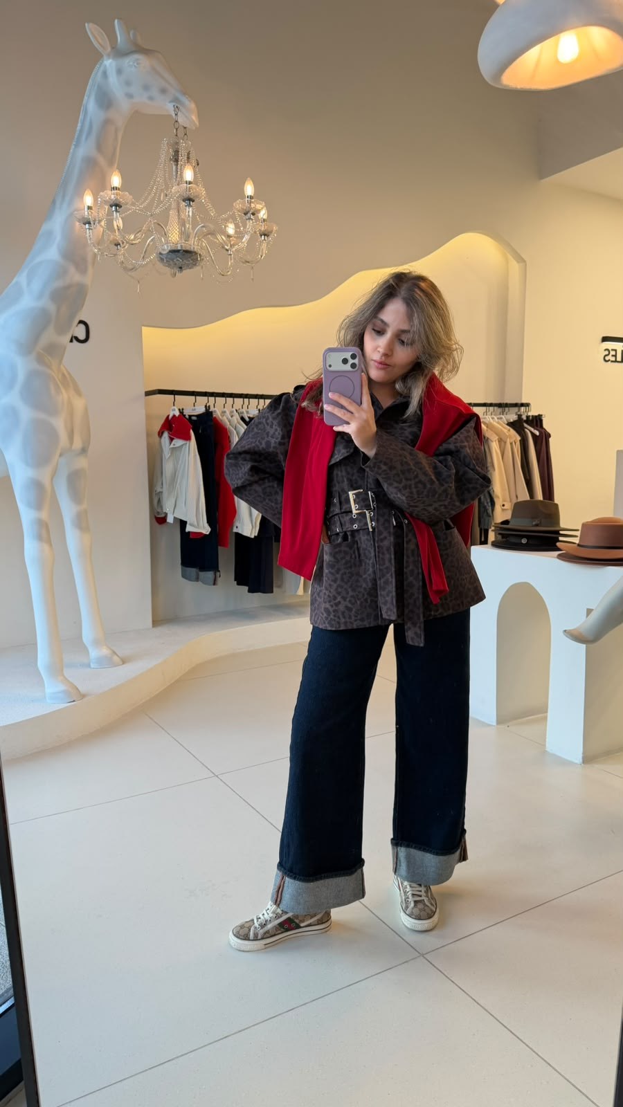 Leopar Desenli Çift Kemerli Ceket