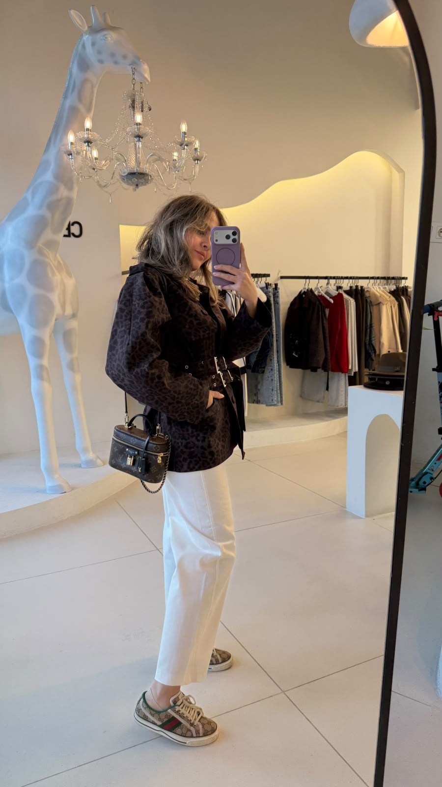 Leopar Desenli Çift Kemerli Ceket