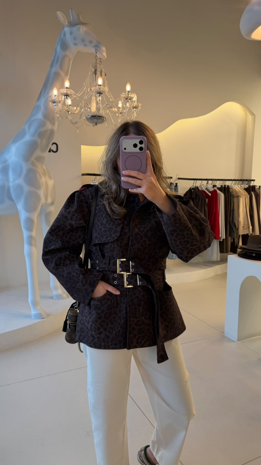 Leopar Desenli Çift Kemerli Ceket