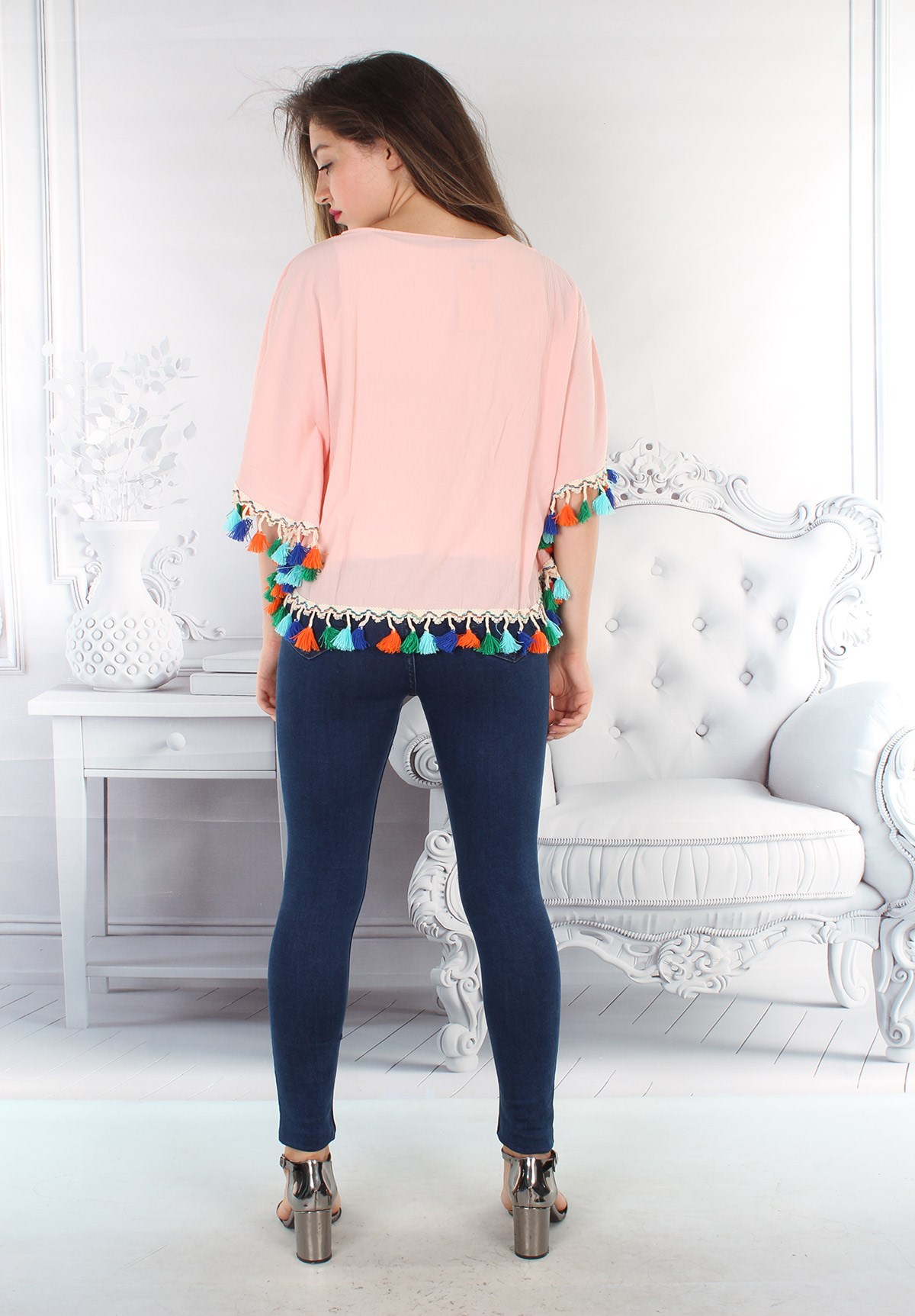 Baharlık Yeni Model Püsküllü Pudra Pembe Panço