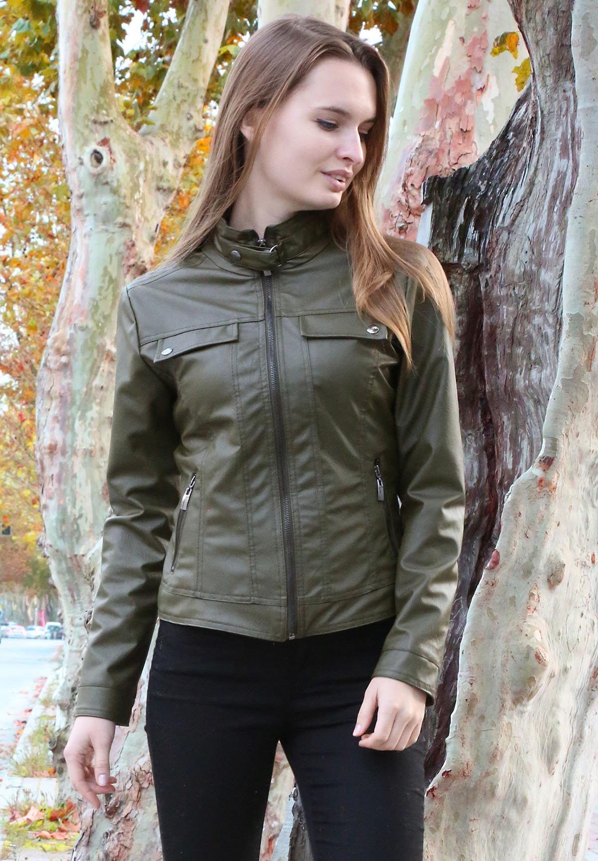 Bayan Fermuarlı Haki Deri Mont