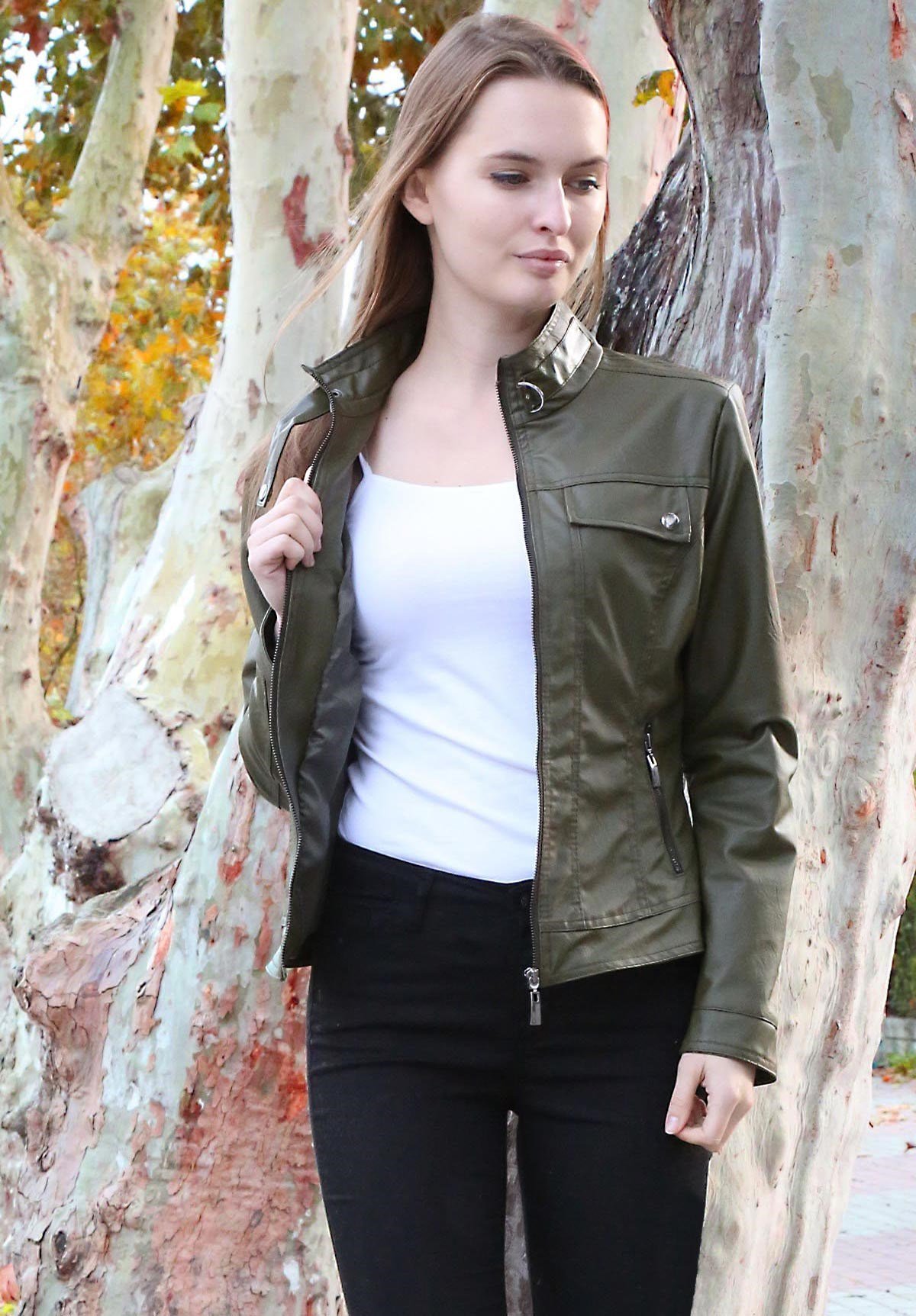 Bayan Fermuarlı Haki Deri Mont