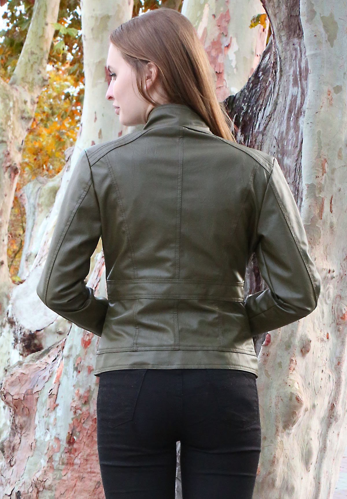 Bayan Fermuarlı Haki Deri Mont