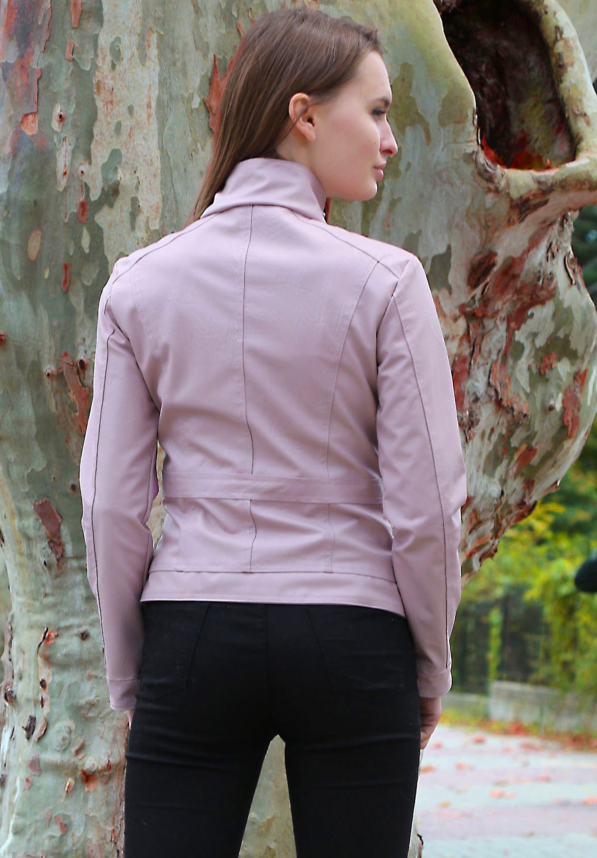 Bayan Fermuarlı Pudra Deri Mont