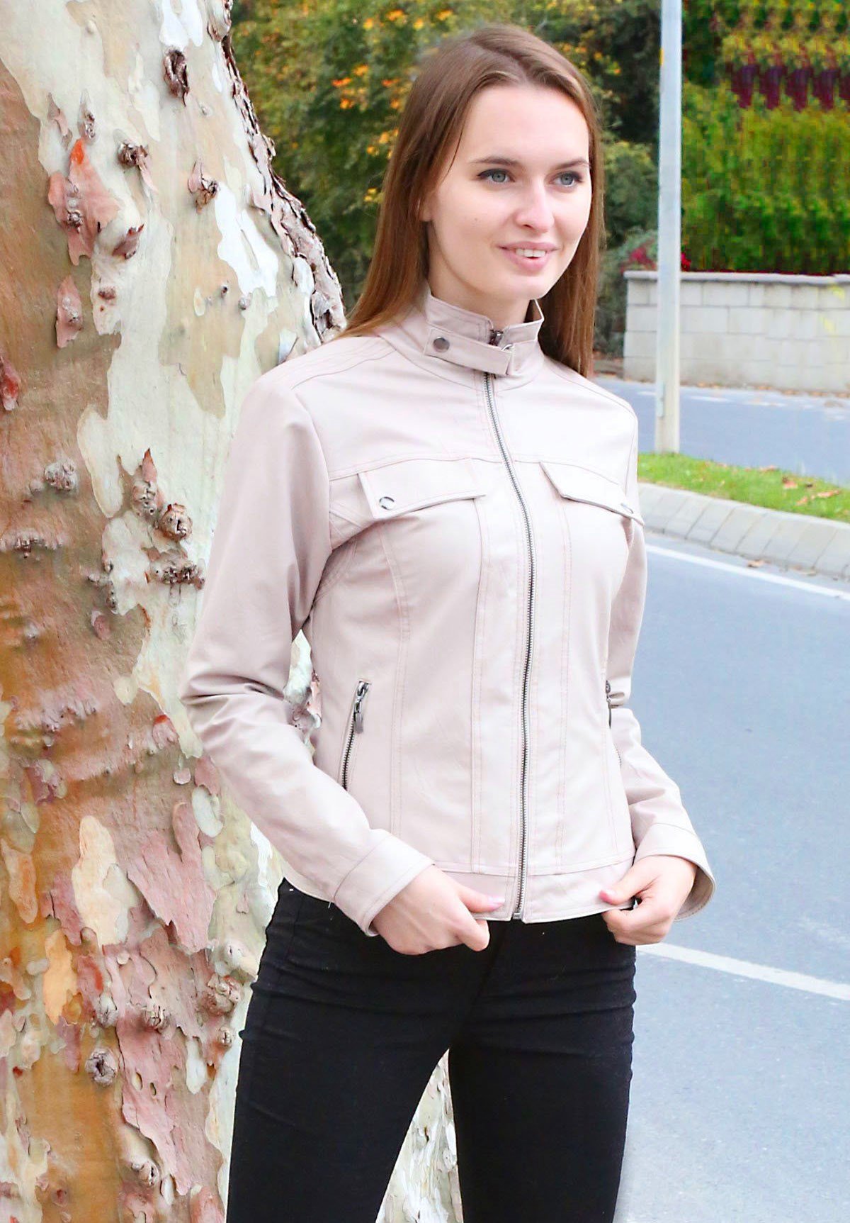 Bayan Fermuarlı Vizon Deri Mont