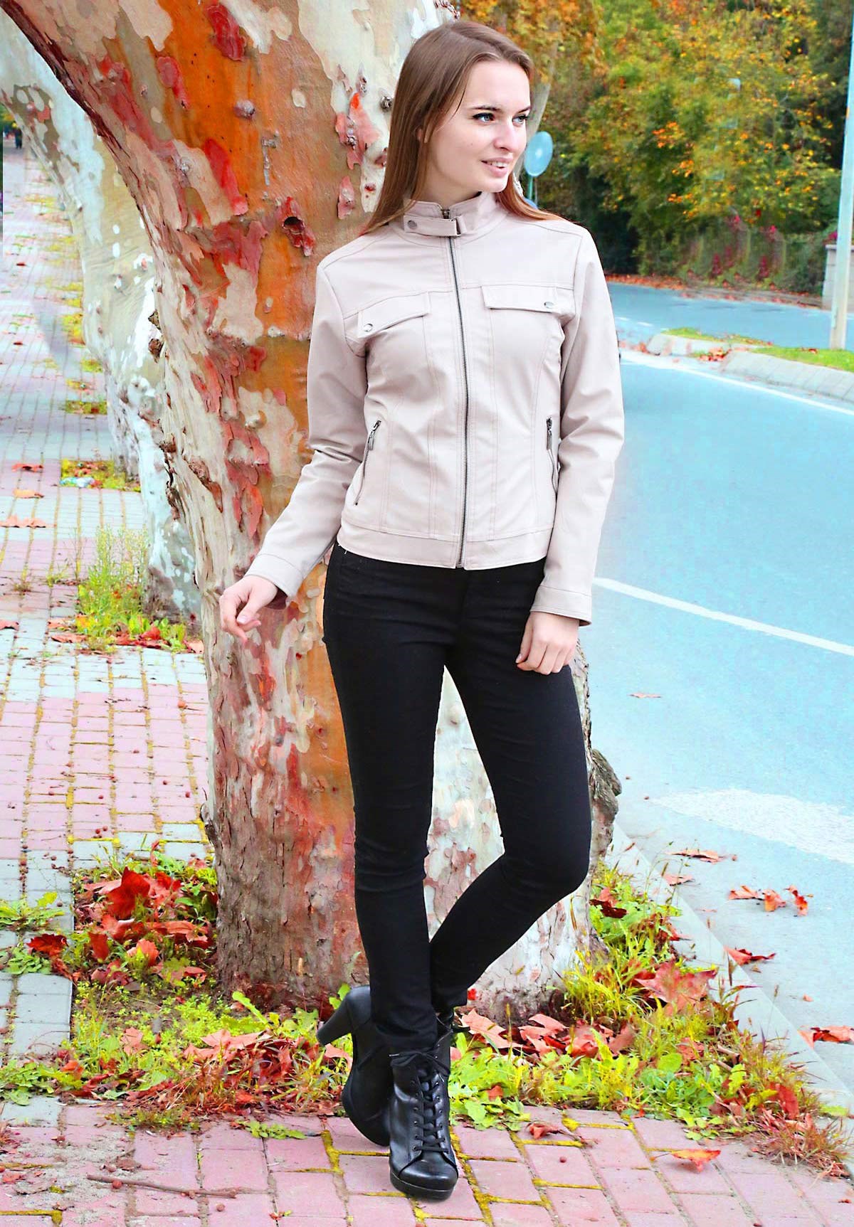 Bayan Fermuarlı Vizon Deri Mont