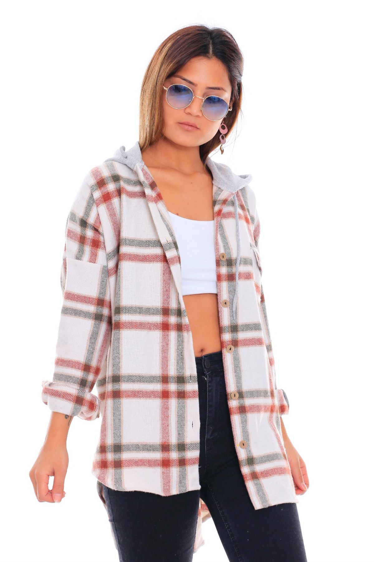 Bayan Kapşonlu Oduncu Gömlek 25141