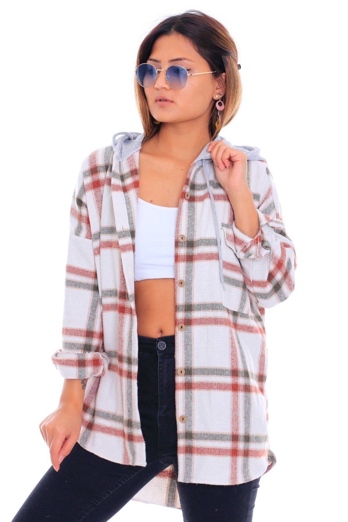 Bayan Kapşonlu Oduncu Gömlek 25141