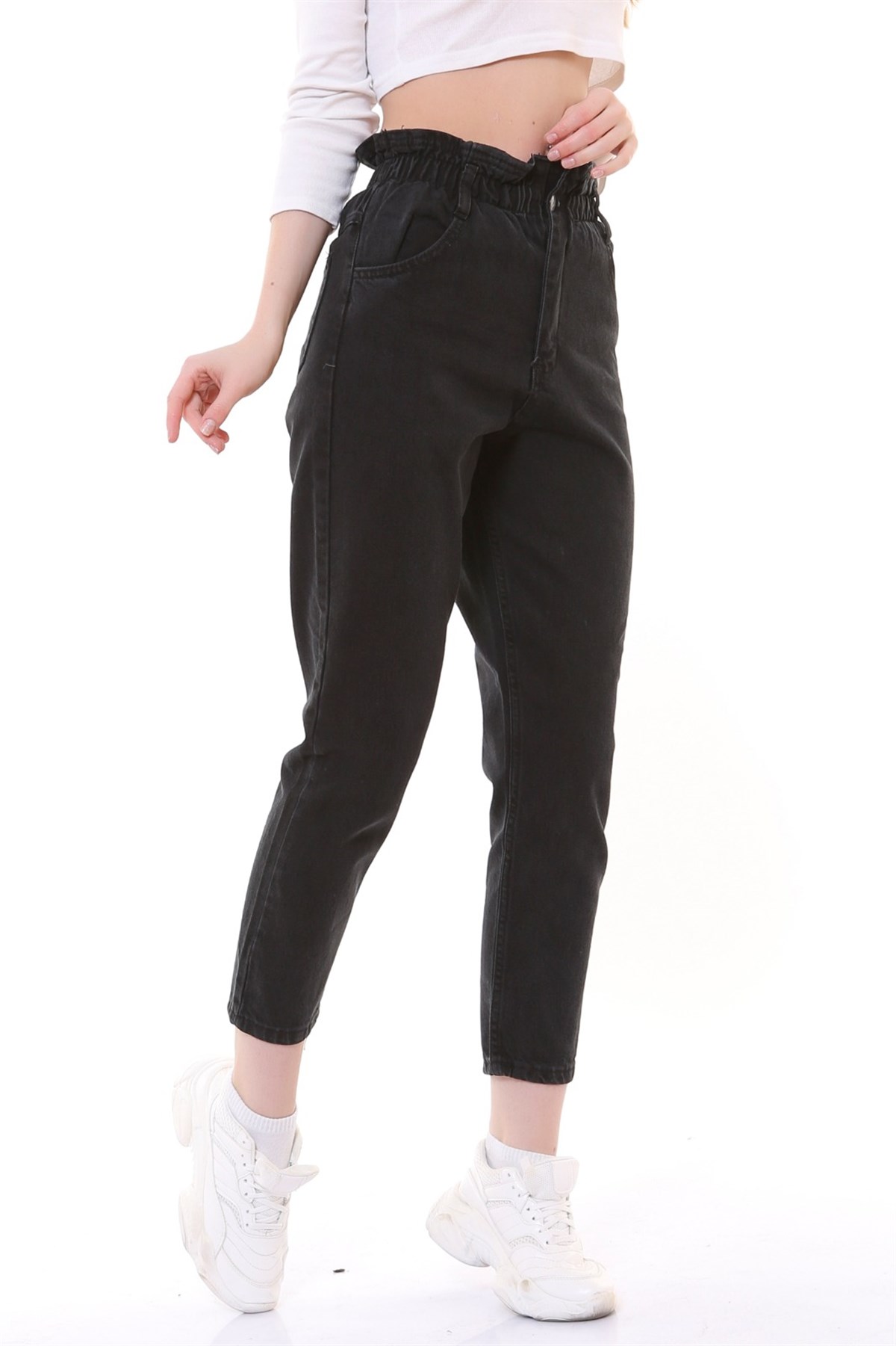 Bayan kemeri lastikli mom pantolon