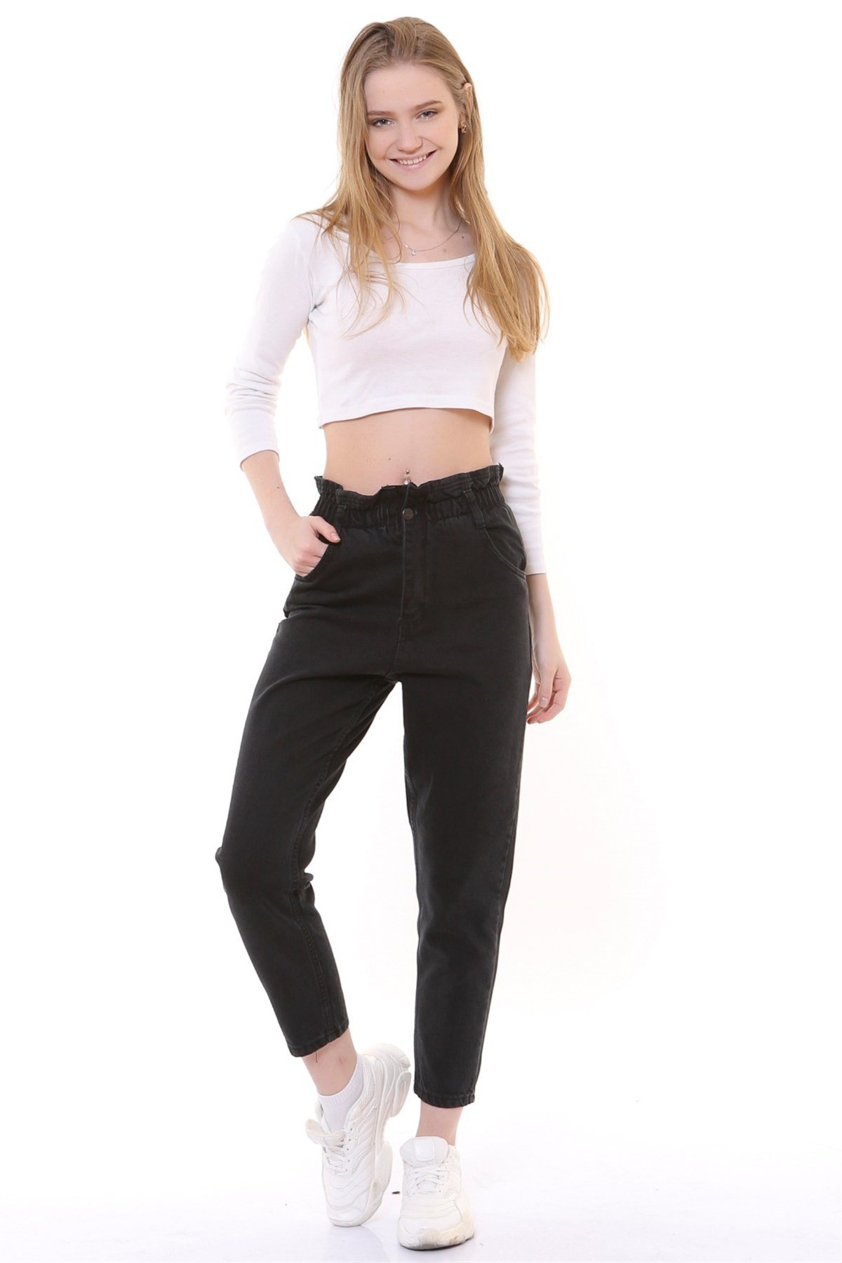 Bayan kemeri lastikli mom pantolon