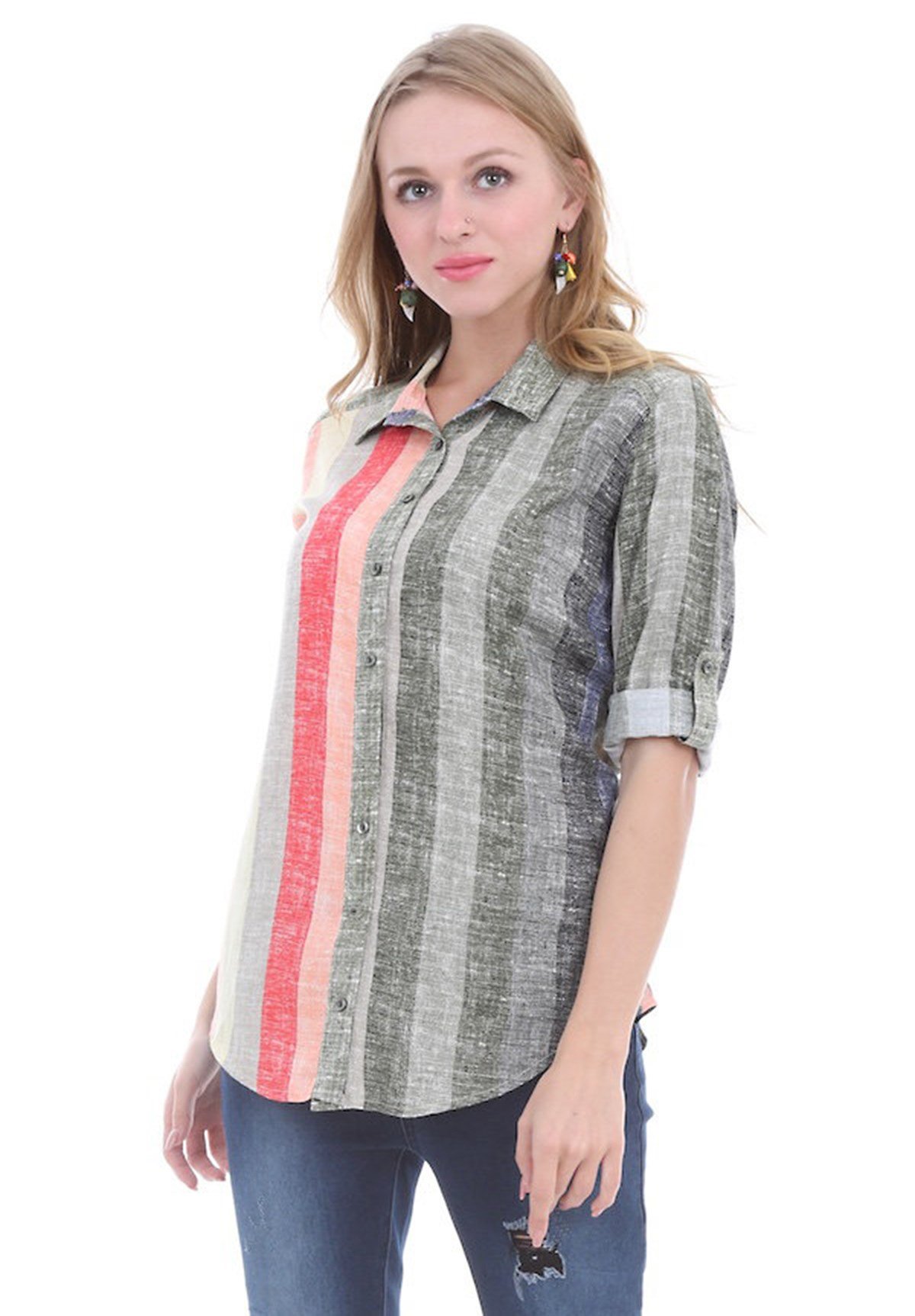 Bayan Renkli Çizgili Haki Gömlek