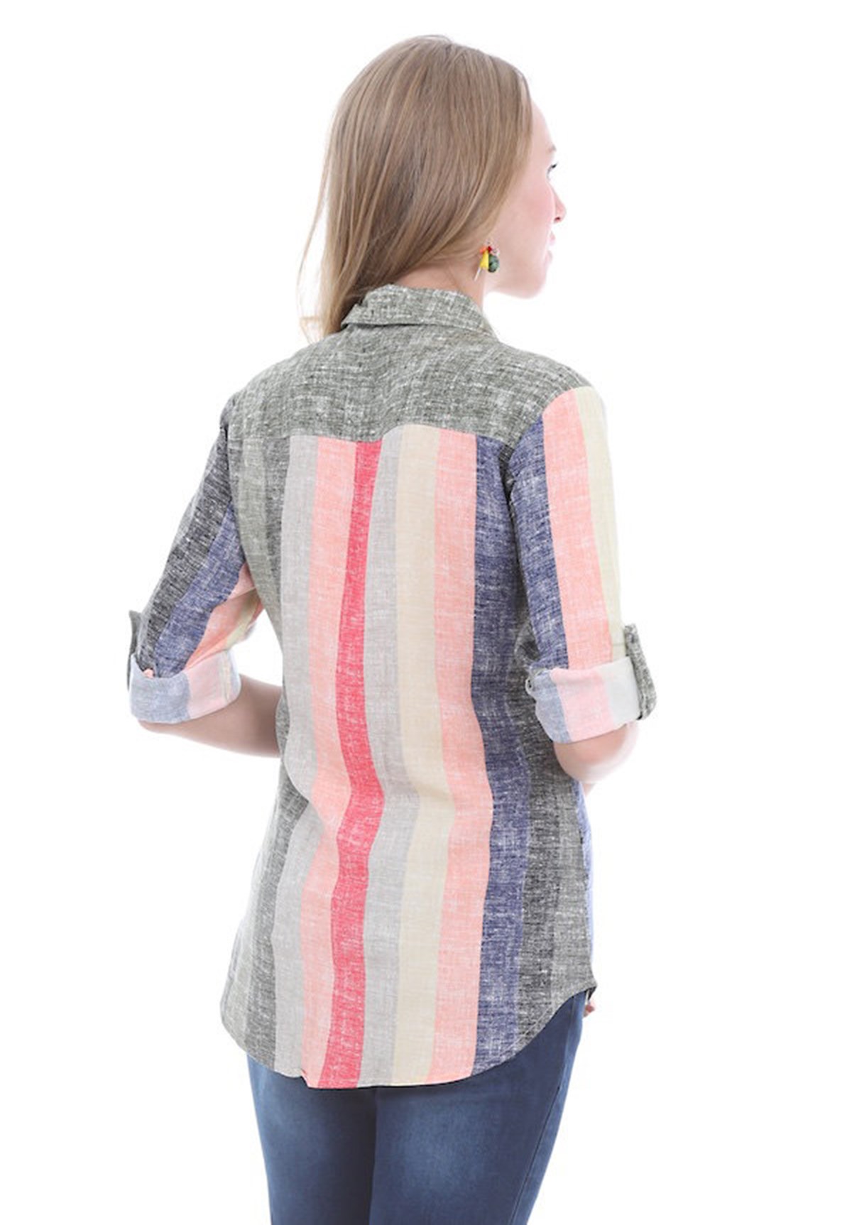 Bayan Renkli Çizgili Haki Gömlek