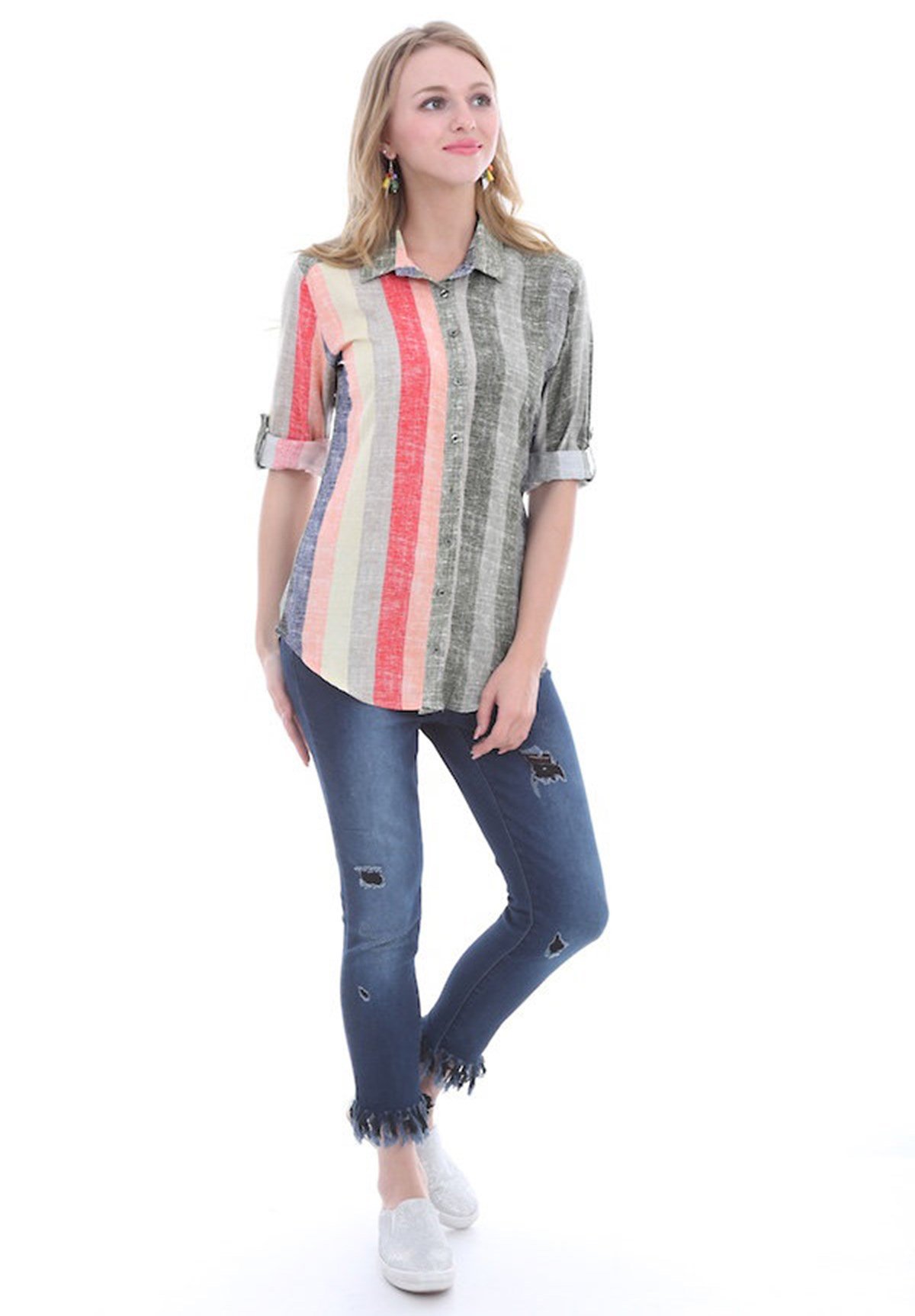 Bayan Renkli Çizgili Haki Gömlek