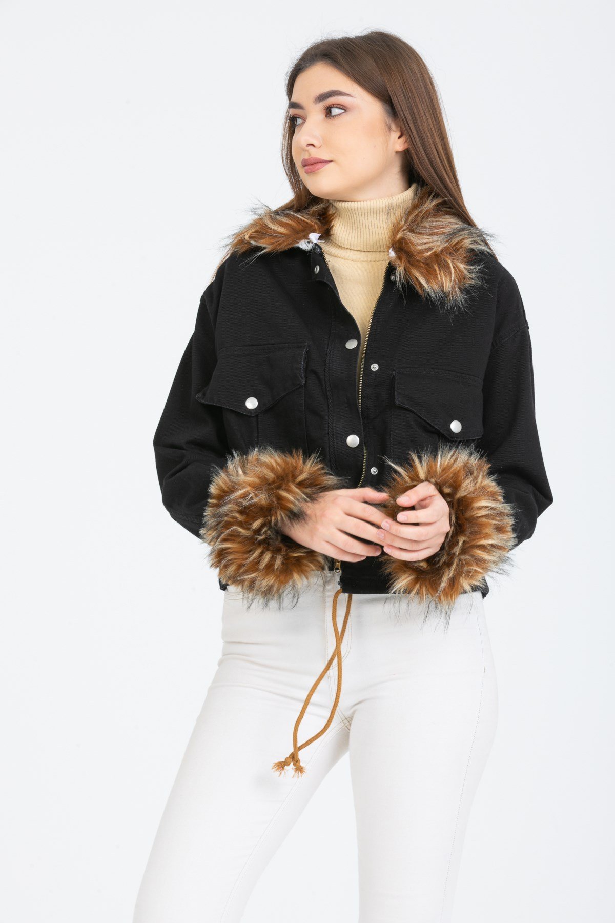 Bayan Yakasi Kürklü Kot Ceket 6999908
