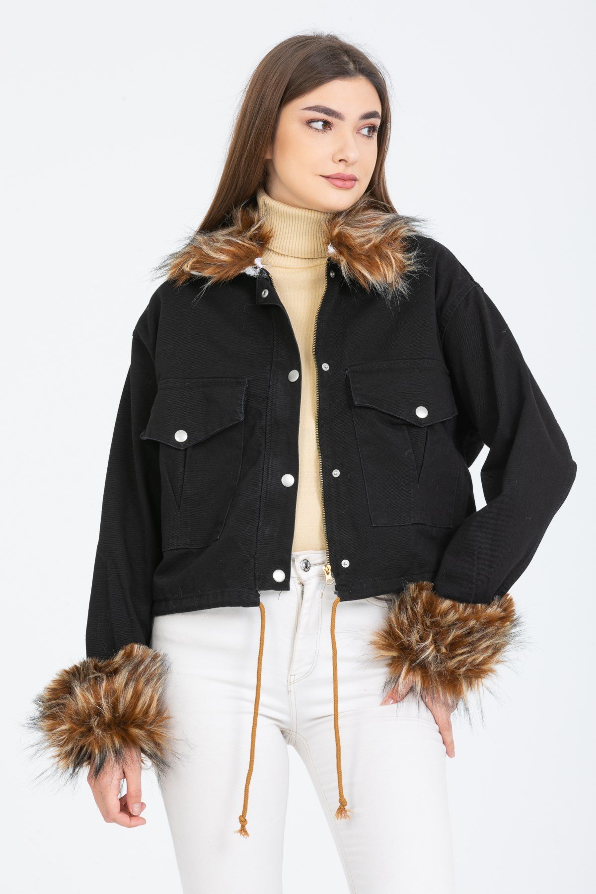 Bayan Yakasi Kürklü Kot Ceket 6999908