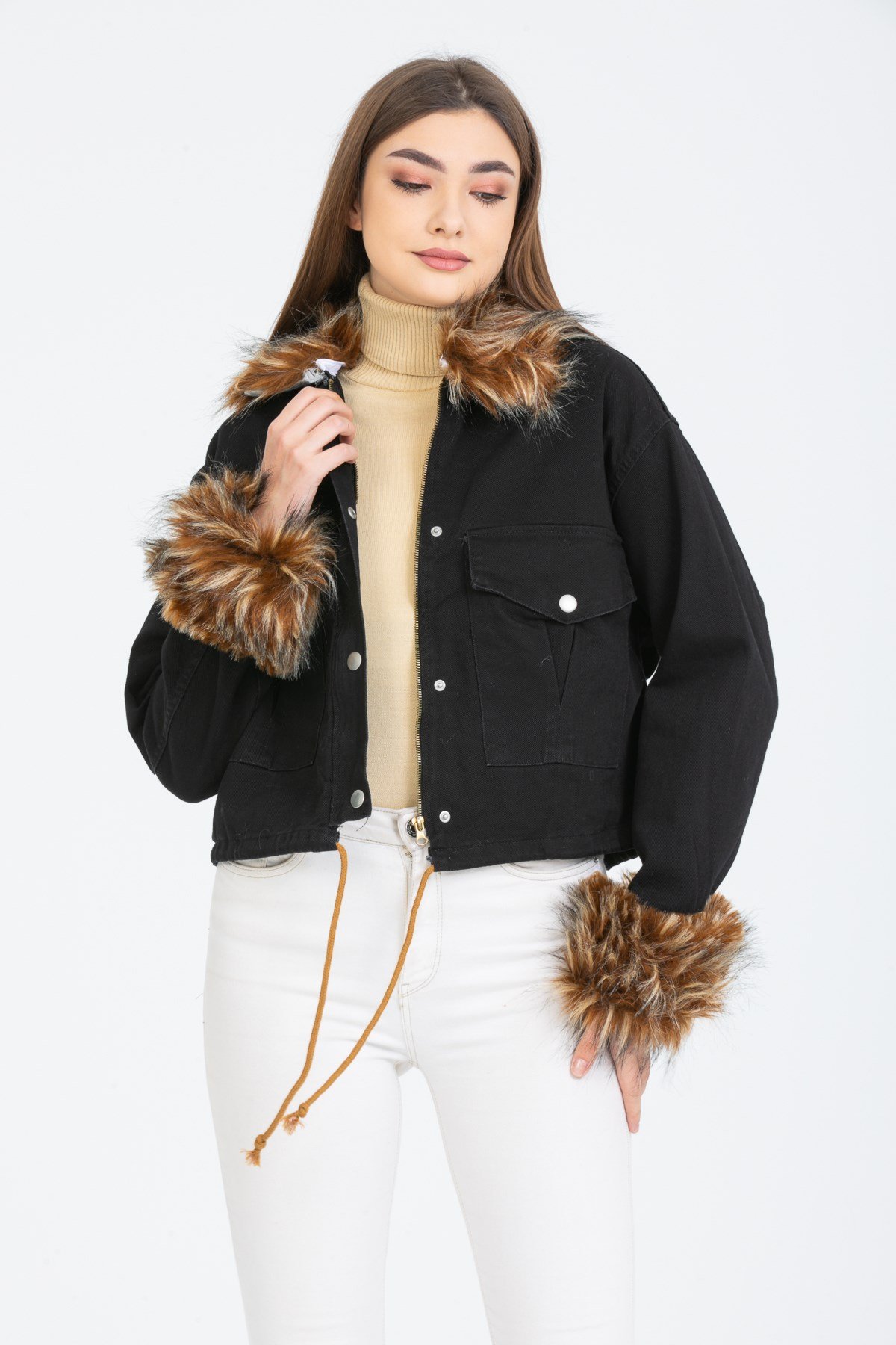 Bayan Yakasi Kürklü Kot Ceket 6999908